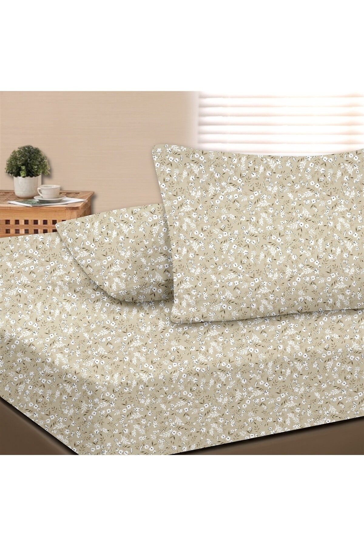 Dalya %100 Pamuk Çift Kişilik Lastikli Çarşaf Seti  - 160x200+30 cm - Bej