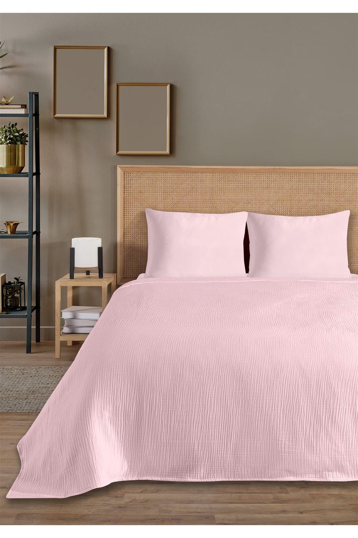% 100 Doğal Pamuk 4 Kat Müslin Lüks Çift Kişilik Pike Takımı  200x230cm - Pembe