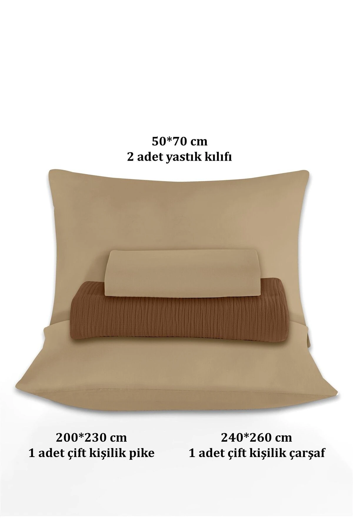 % 100 Doğal Pamuk 4 Kat Müslin Lüks Çift Kişilik Pike Takımı  200x230cm - Koyu Kahve