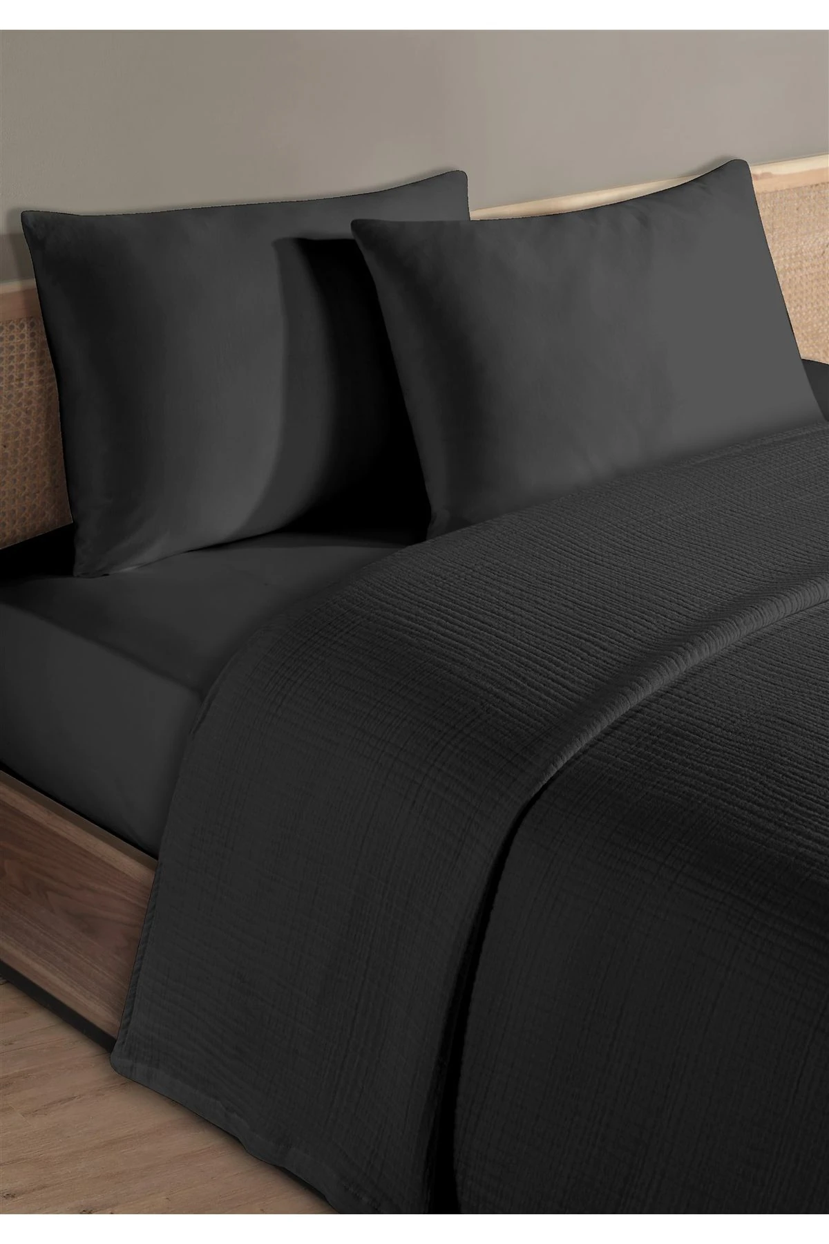 % 100 Doğal Pamuk 4 Kat Müslin Lüks Tek Kişilik Pike Takımı 160x230cm - Si̇yah