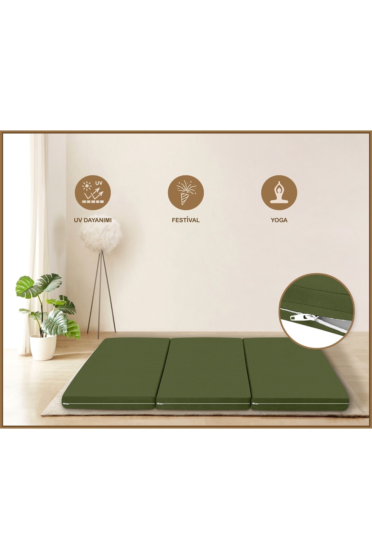 Canvas Açık Bej Fermuarlı Katlanabilir Yer Yatağı Yer Minderi 6cm