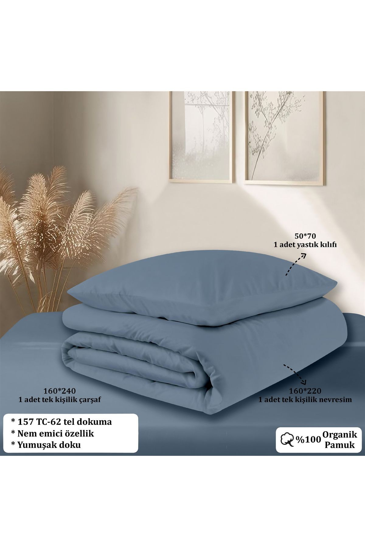 Organik Pamuk Akfil Nevresim Takımı  Tek Kişilik 160x220 cm - İndi̇go