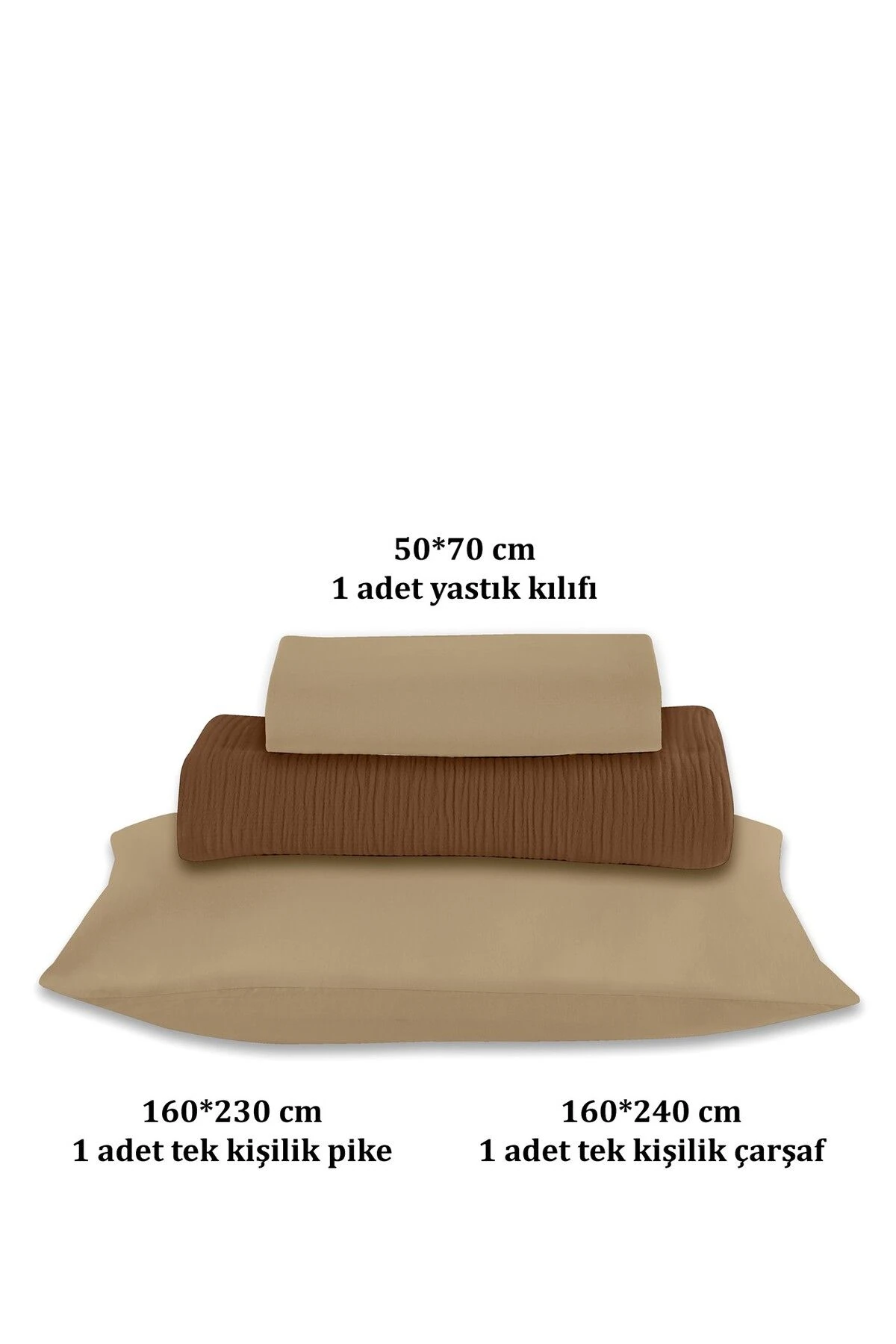 % 100 Doğal Pamuk 4 Kat Müslin Lüks Tek Kişilik Pike Takımı 160x230cm - Koyu Kahve