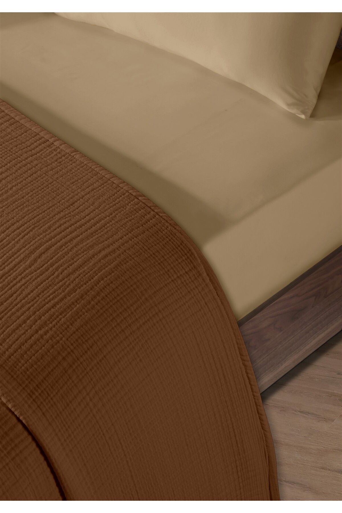 % 100 Doğal Pamuk 4 Kat Müslin Lüks Tek Kişilik Pike Takımı 160x230cm - Koyu Kahve