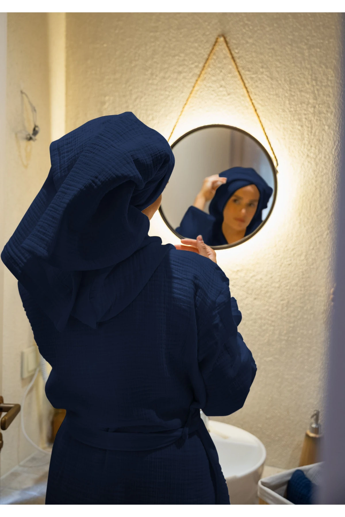 % 100 Pamuk 4 Kat Müslin Ünisex Kapşonlu Bornoz S/M - Laci̇vert