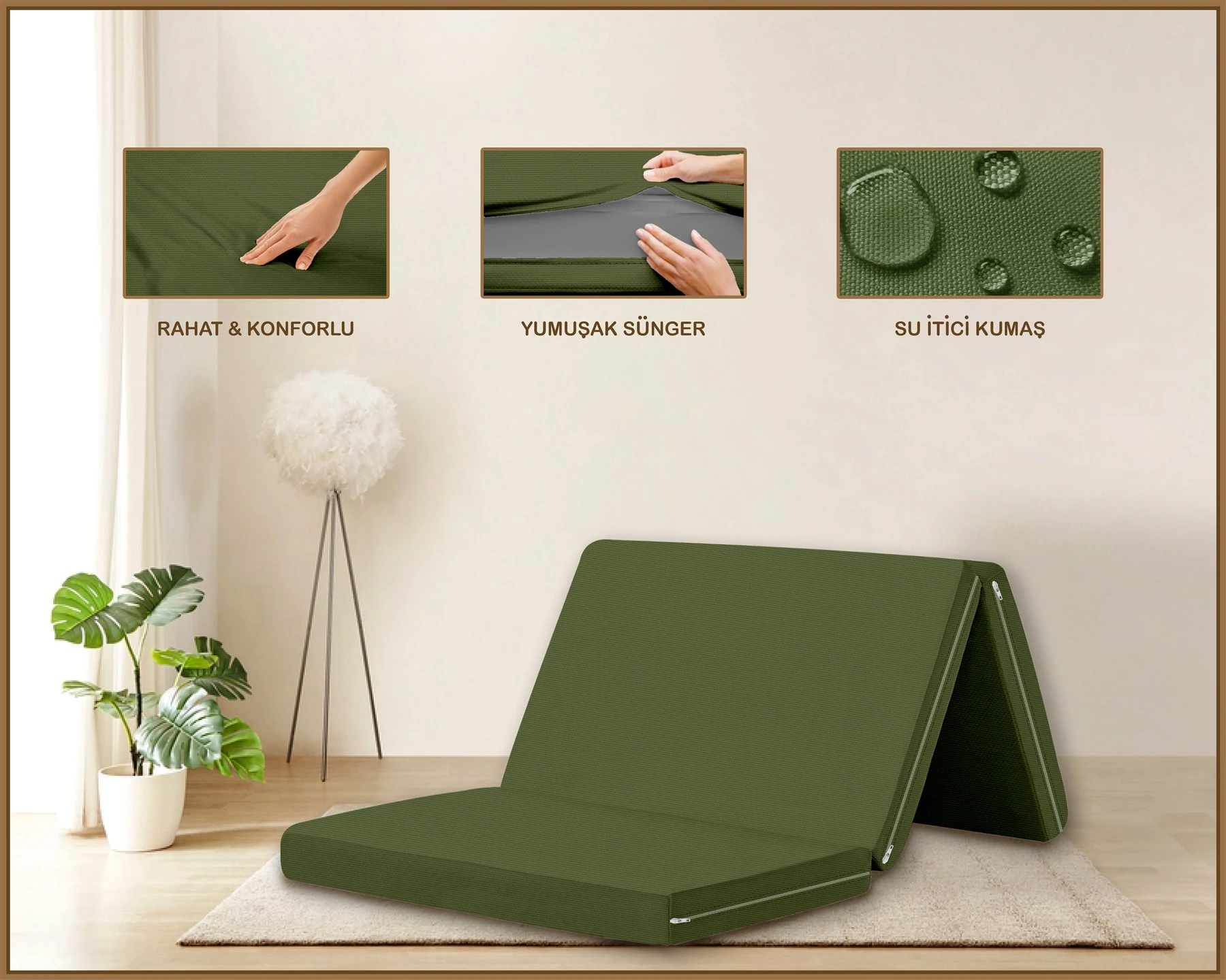 Canvas  Fermuarlı Katlanabilir Yer Yatağı Yer Minderi 60x180x6cm - Koyu Haki̇