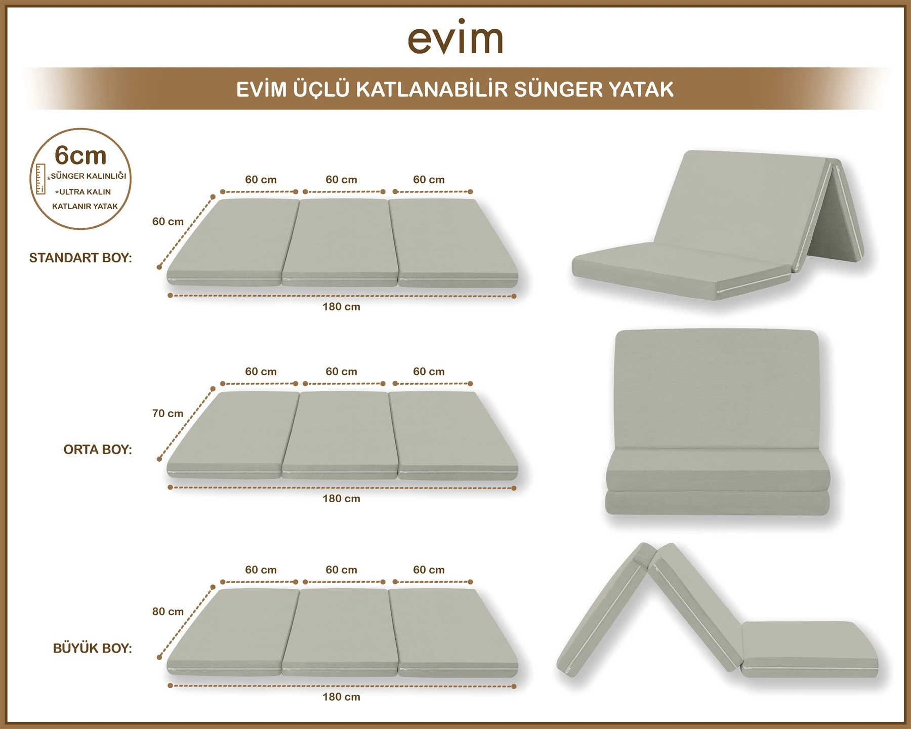 Canvas  Fermuarlı Katlanabilir Yer Yatağı Yer Minderi 60x180x6cm - Kaya Tuzu