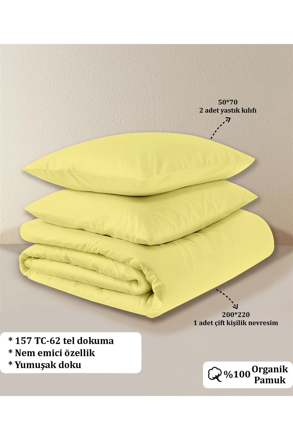 Organik Pamuk Akfil Nevresim Seti Çift Kişilik 200x220 cm - Sarı