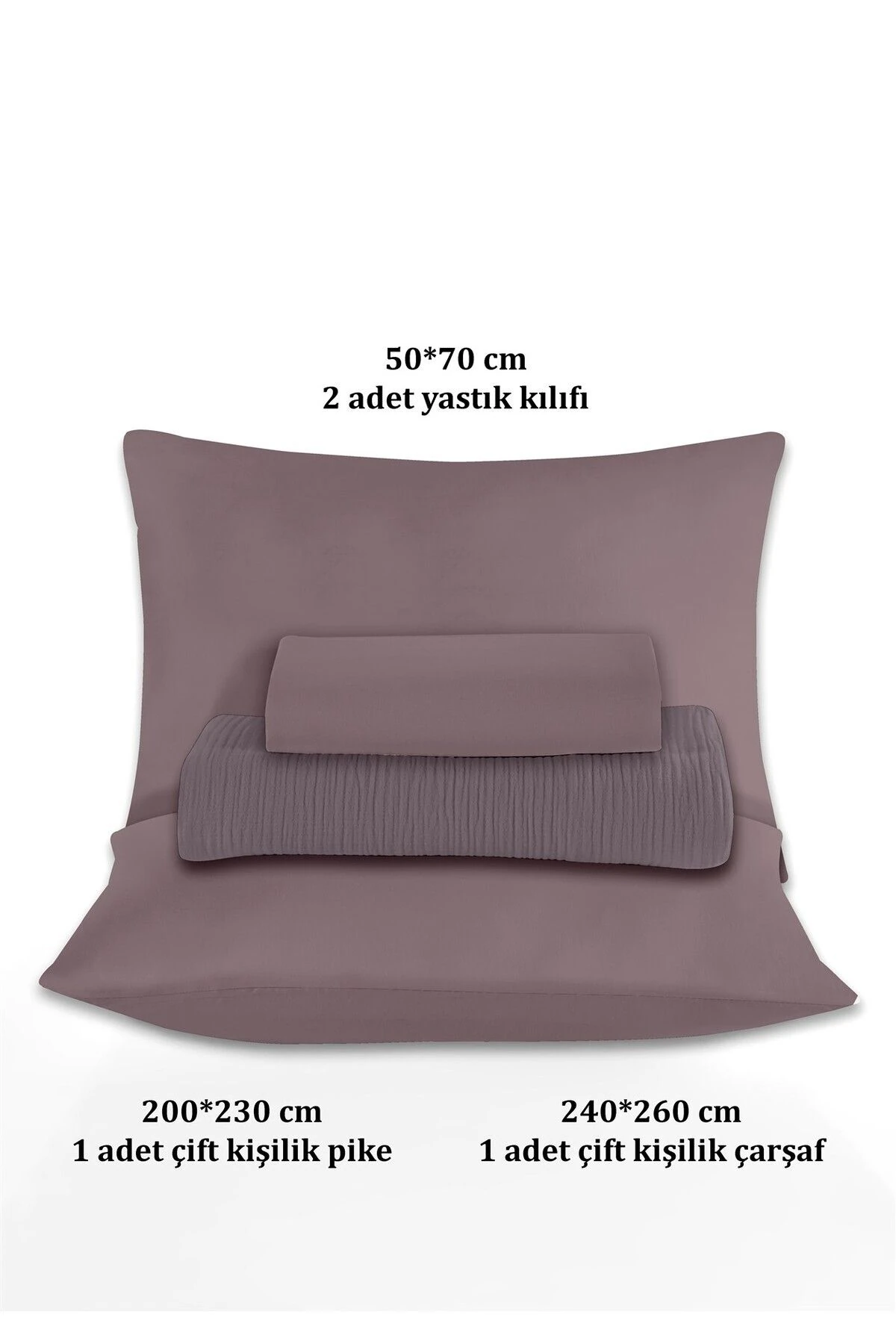 % 100 Doğal Pamuk 4 Kat Müslin Lüks Çift Kişilik Pike Takımı  200x230cm - Koyu Li̇la