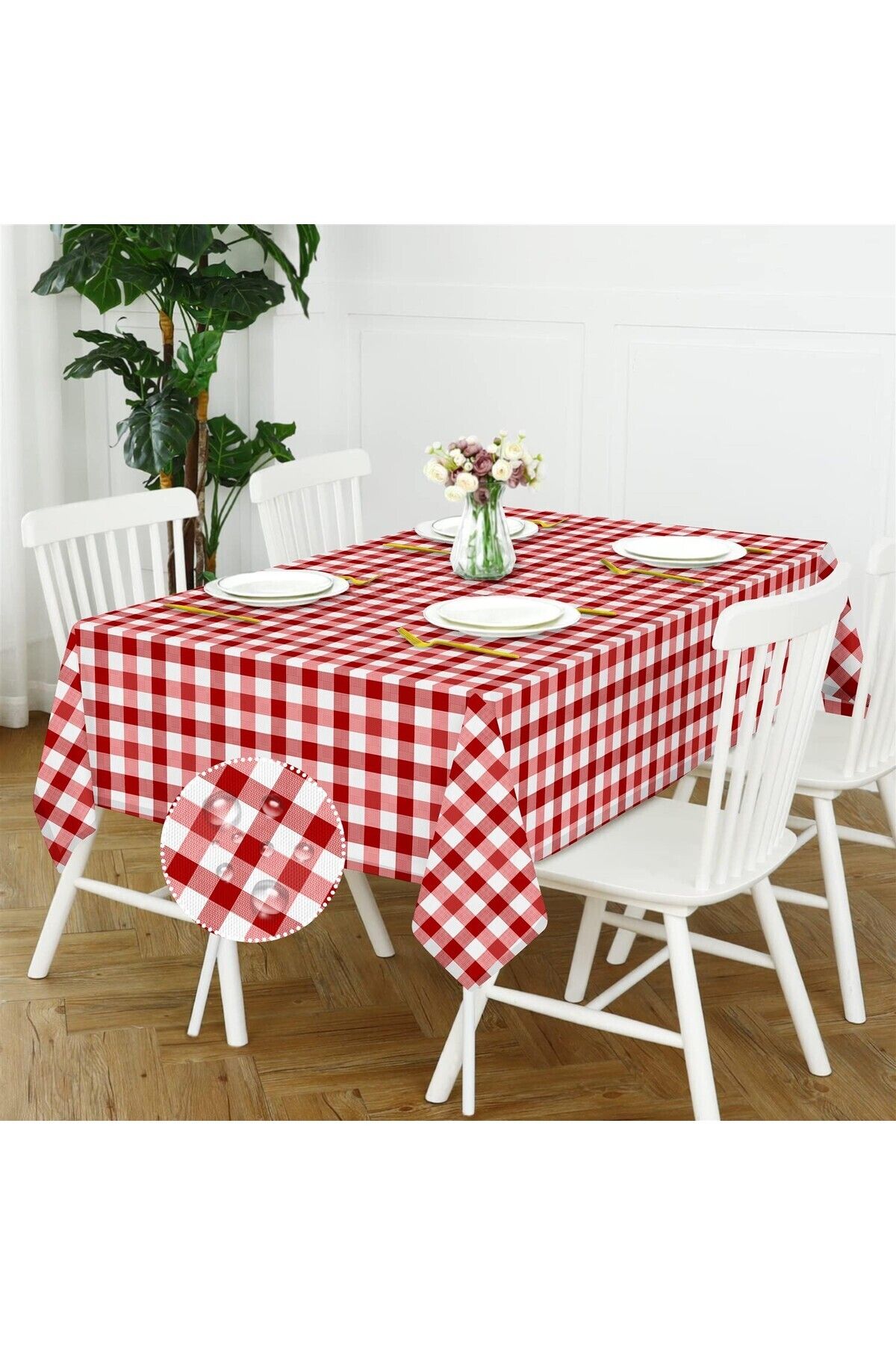 Canvas Kareli Sıvı Geçirmez Leke Tutmaz Masa Örtüsü Gül Kurusu