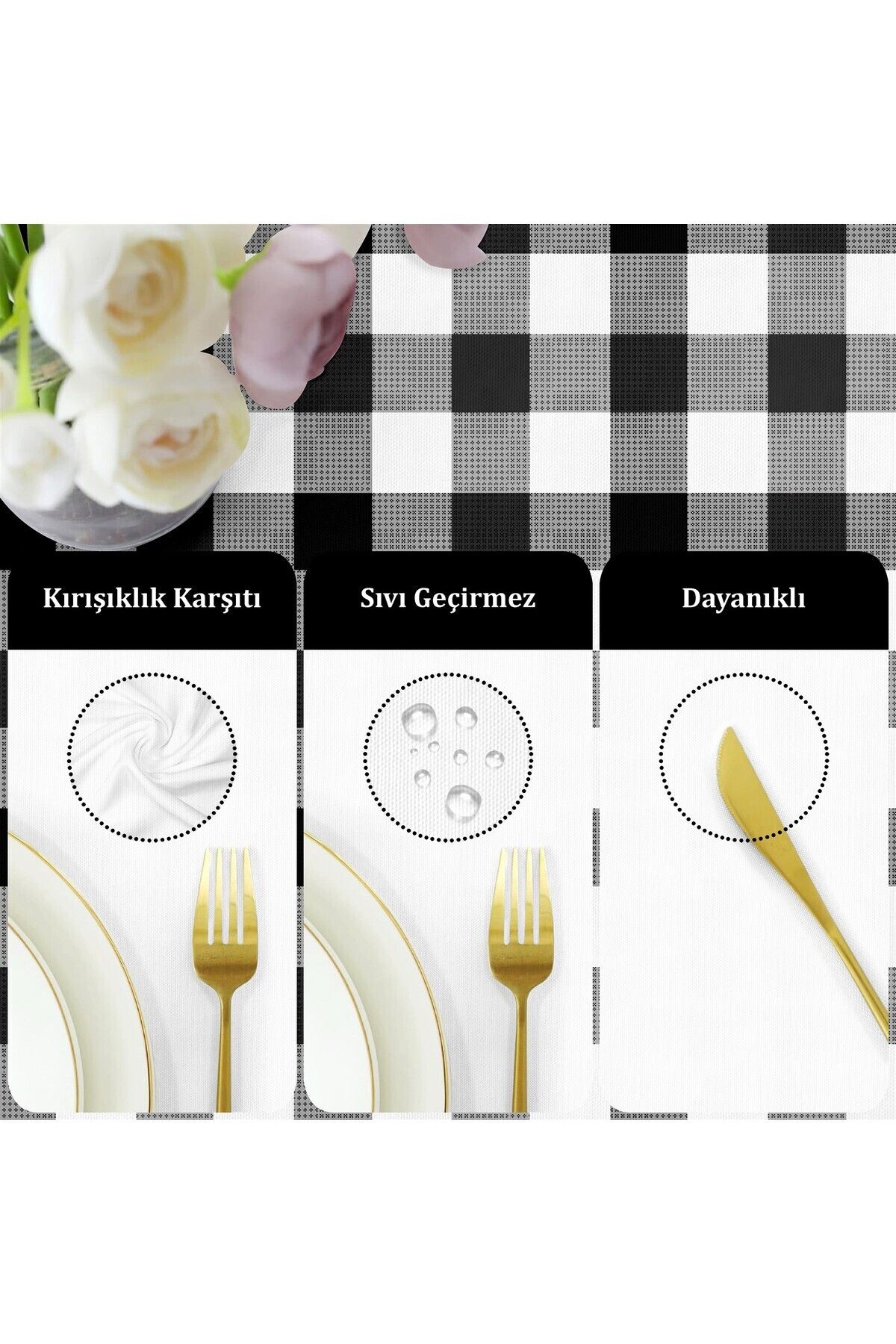 Canvas Kareli Sıvı Geçirmez Leke Tutmaz Masa Örtüsü