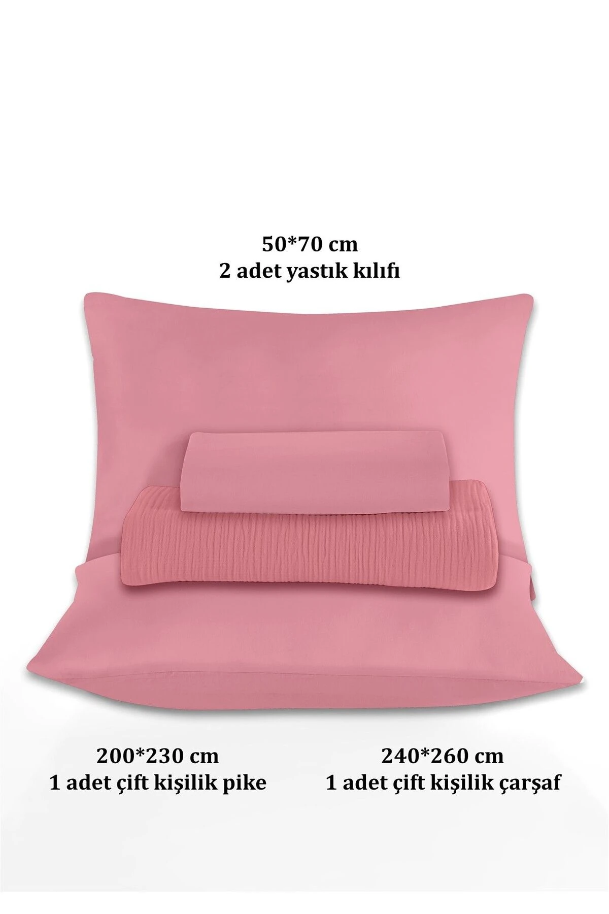 % 100 Doğal Pamuk 4 Kat Müslin Lüks Çift Kişilik Pike Takımı  200x230cm - koyu pembe
