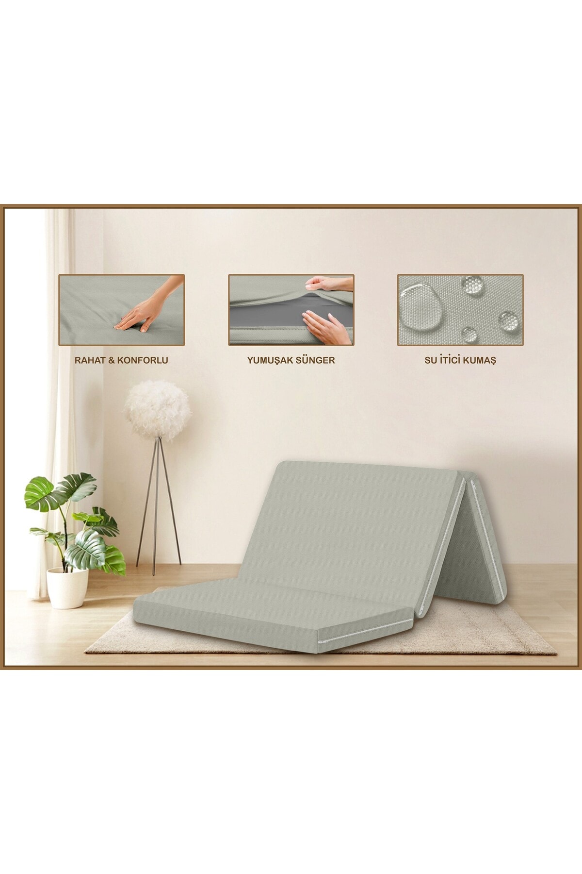 Canvas Açık Bej Fermuarlı Katlanabilir Yer Yatağı Yer Minderi 6cm