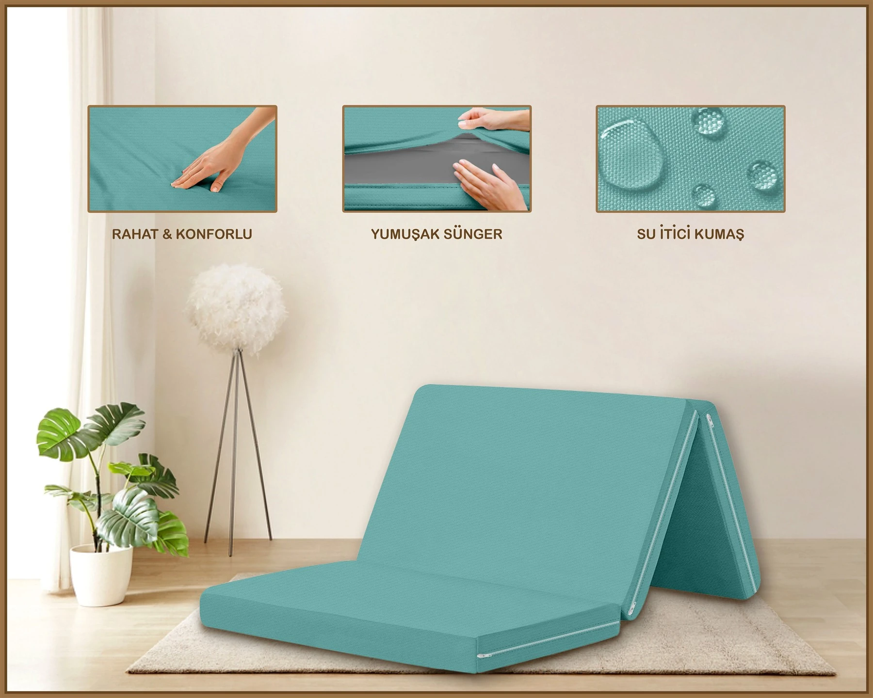 Canvas  Fermuarlı Katlanabilir Yer Yatağı Yer Minderi 60x180x6cm - Turkuaz