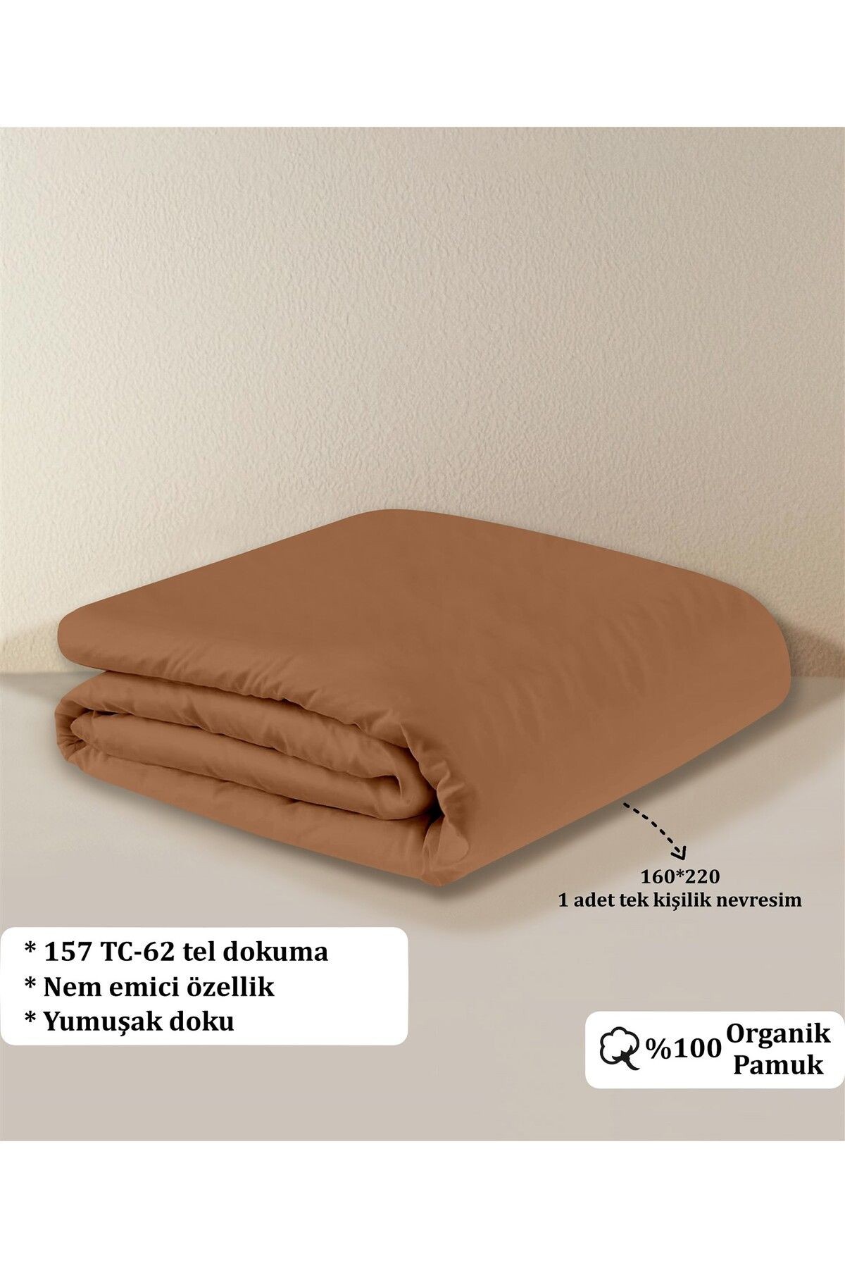 Organik Pamuk Akfil Nevresim Tek Kişilik 160x220 cm Bej - ki̇remi̇t