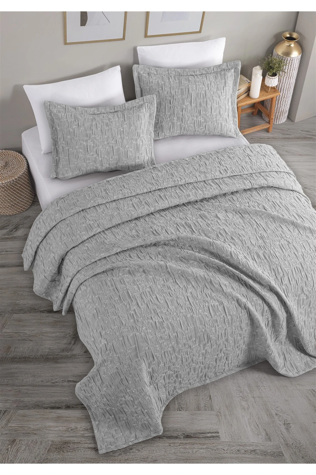 Dolgulu Jakarlı Yatak Örtüsü Seti Çift Kişilik Bej 230x240 cm - athel gri̇