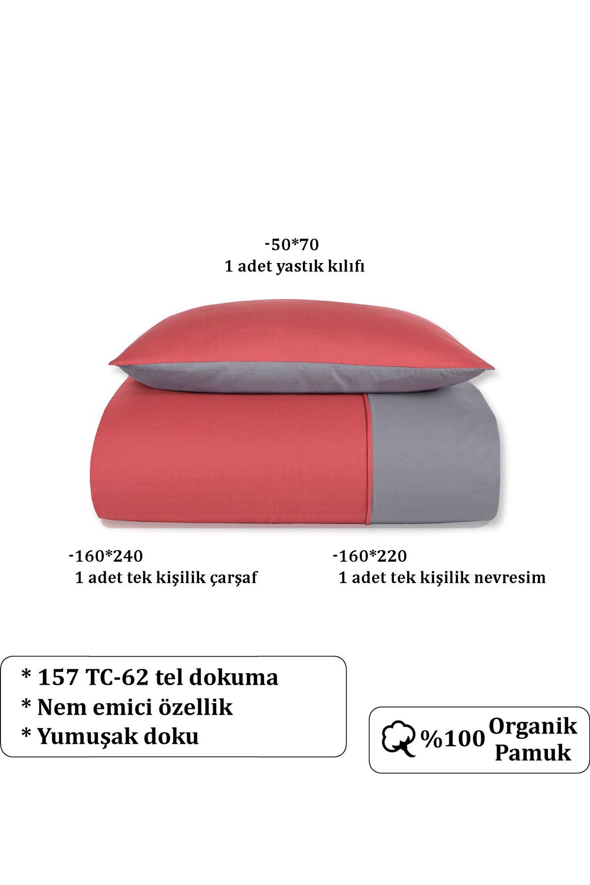 Organik Pamuk Akfil Çift Taraflı Nevresim Takımı Tek Kişilik 160x220 cm  - Bordo-Antrasi̇t