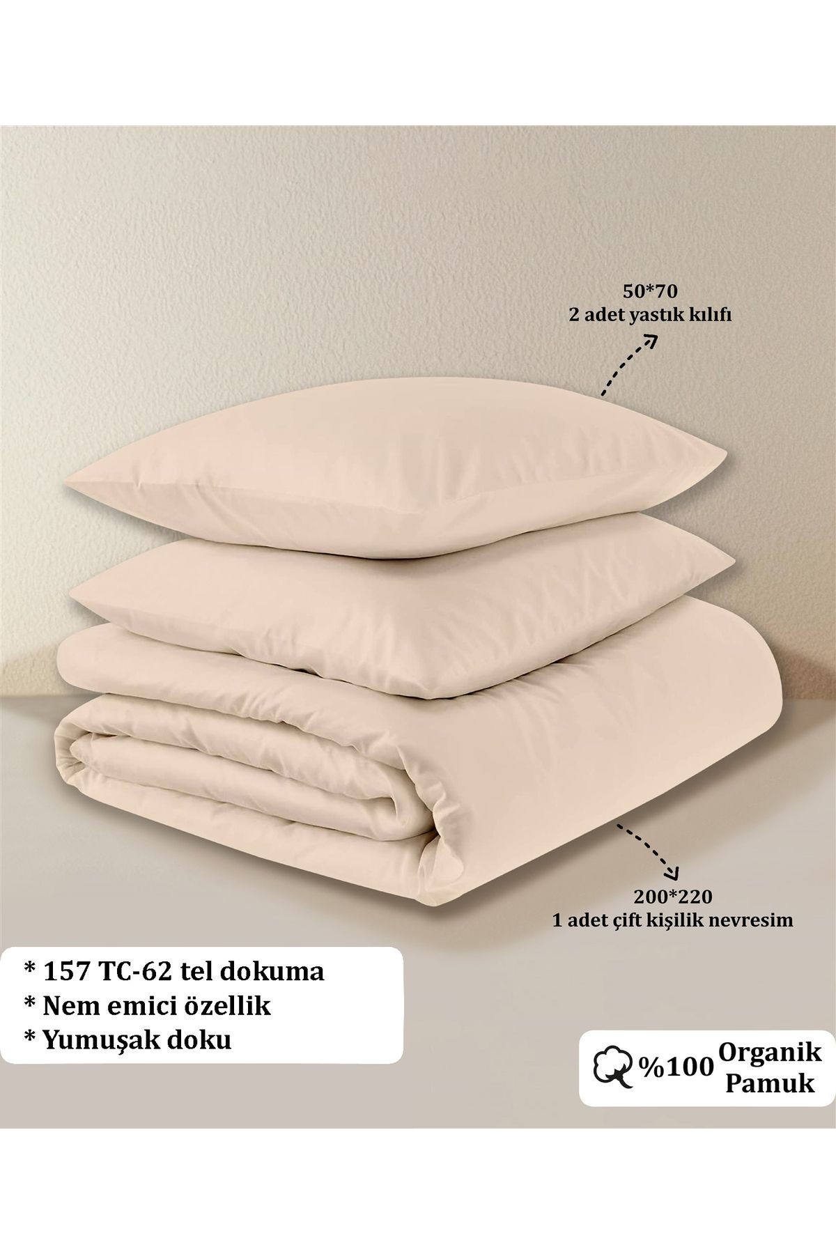Organik Pamuk Akfil Nevresim Seti Çift Kişilik 200x220 cm - Pudra