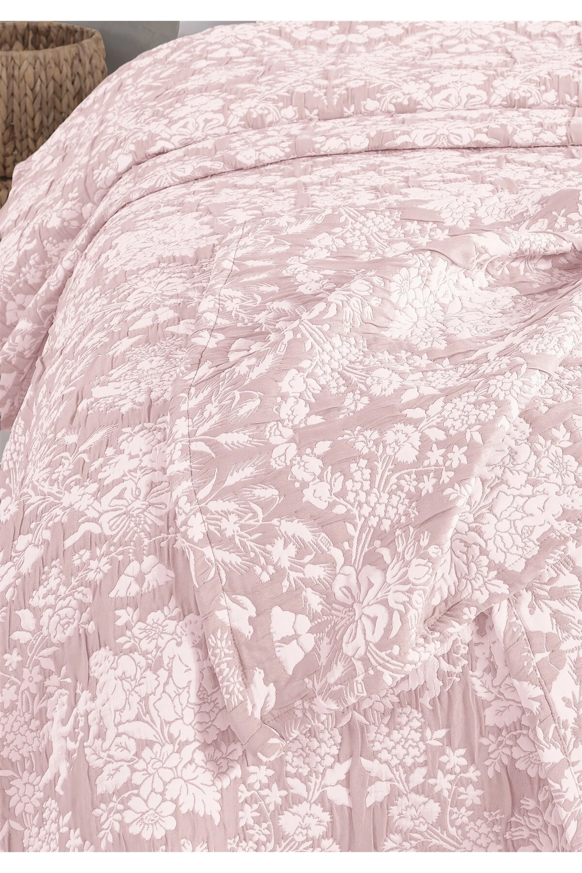 Dolgulu Jakarlı Yatak Örtüsü Seti Çift Kişilik Bej 230x240 cm - gala pudra