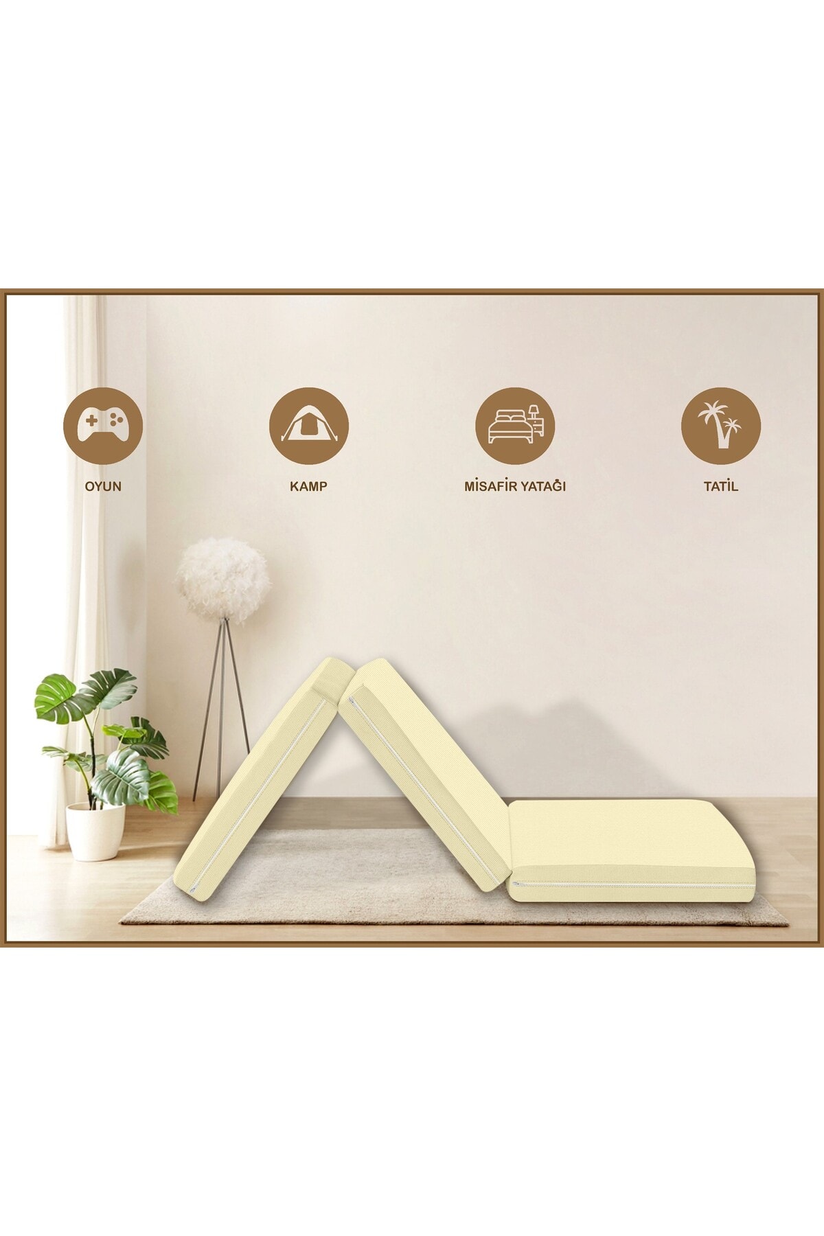 Canvas Ekru Fermuarlı Katlanabilir Yer Yatağı Yer Minderi 6cm
