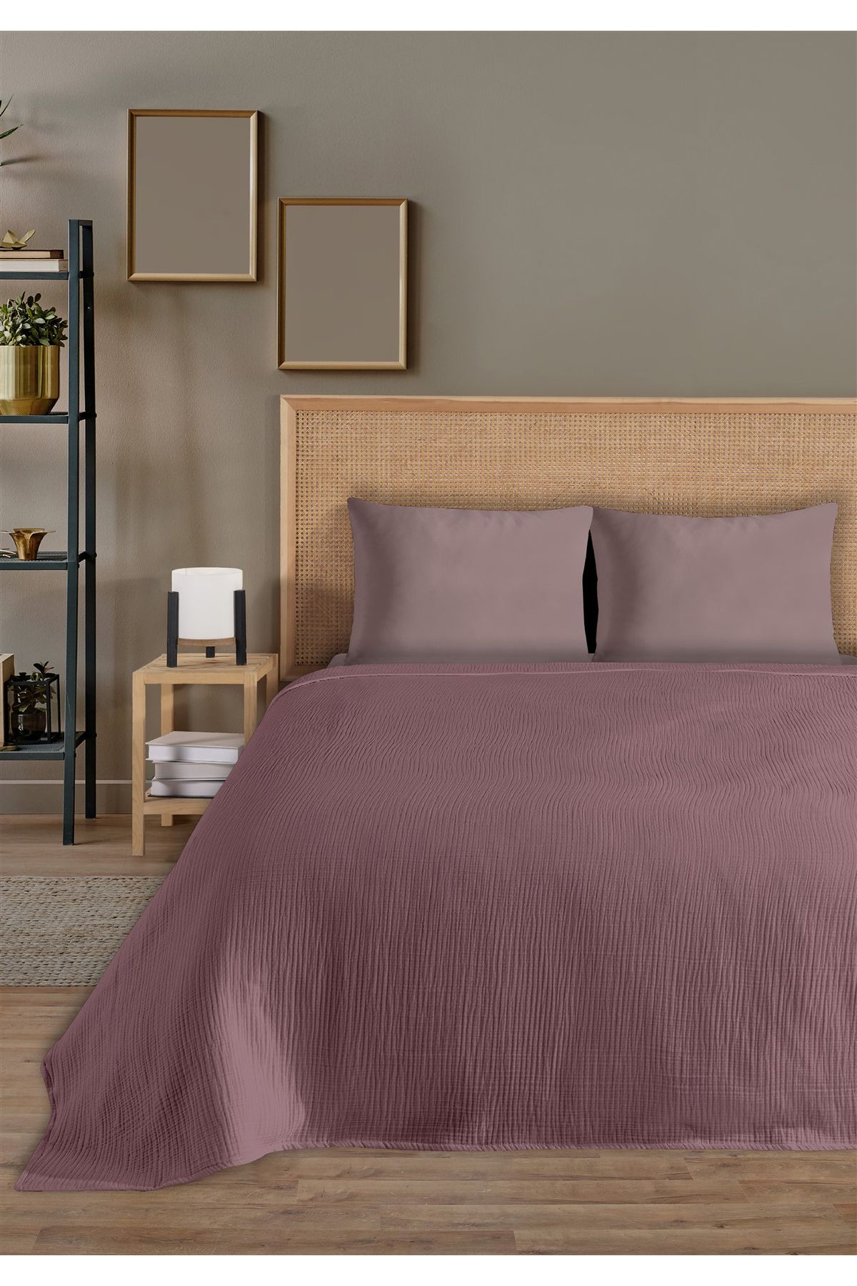 % 100 Doğal Pamuk 4 Kat Müslin Lüks Çift Kişilik Pike Takımı  200x230cm - Gül Kurusu