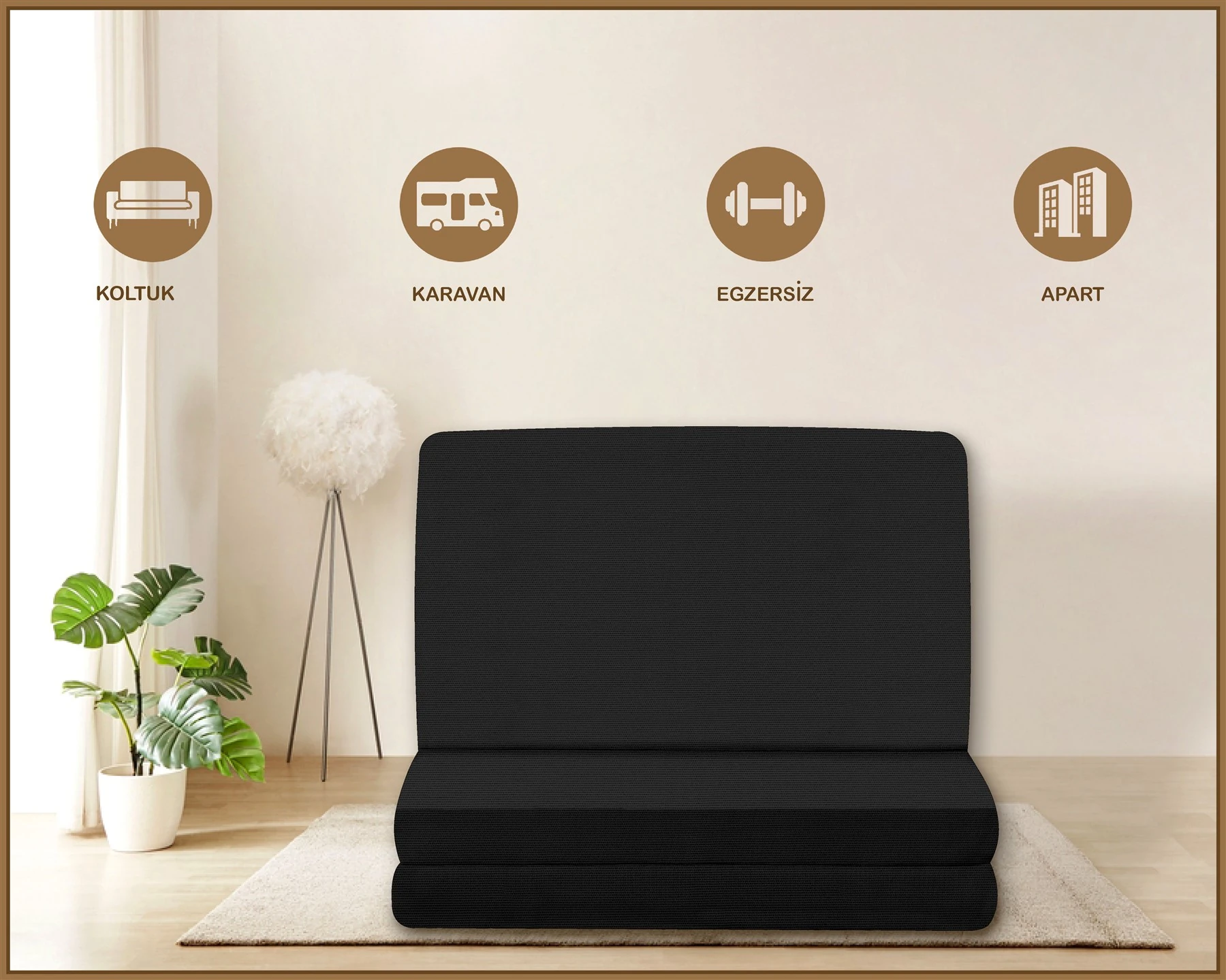 Canvas  Fermuarlı Katlanabilir Yer Yatağı Yer Minderi 60x180x6cm - Si̇yah
