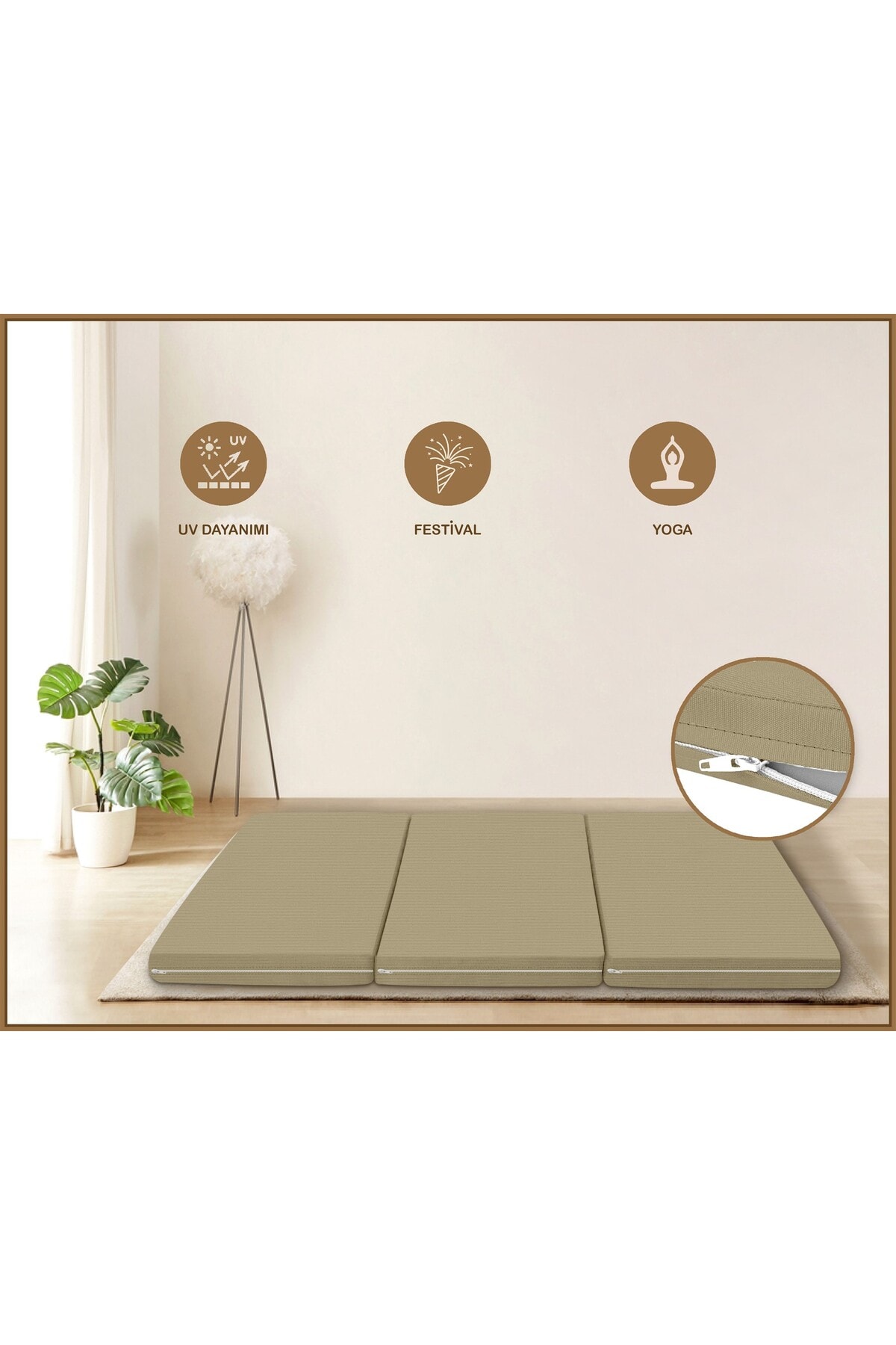 Canvas Açık Bej Fermuarlı Katlanabilir Yer Yatağı Yer Minderi 6cm