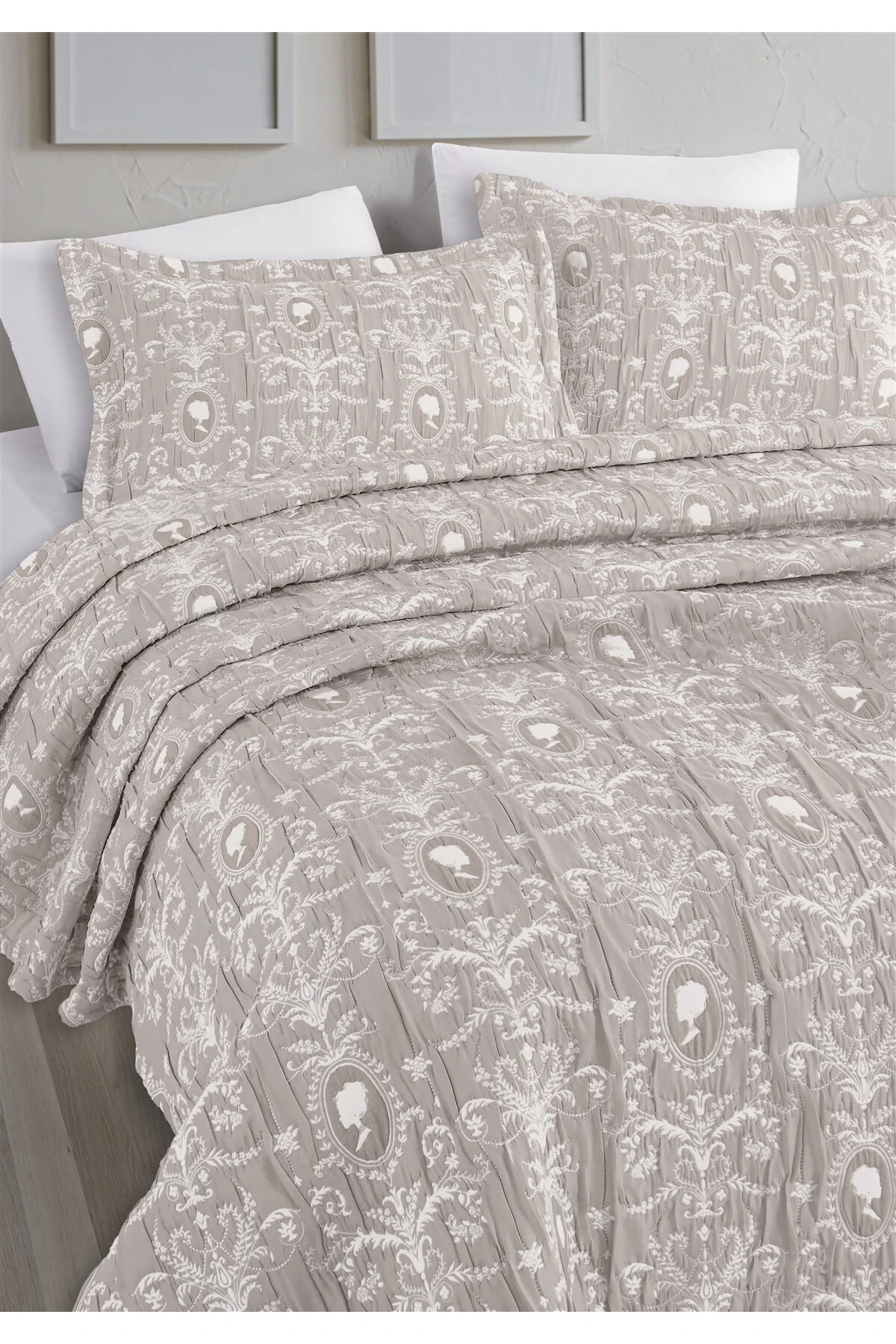 Dolgulu Jakarlı Yatak Örtüsü Seti Çift Kişilik Bej 230x240 cm - glory bej