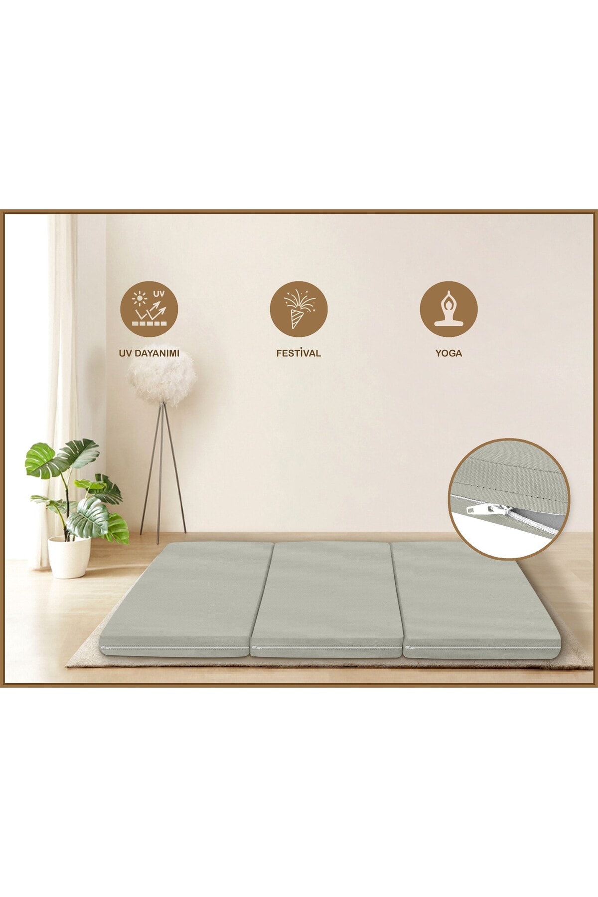 Canvas Açık Bej Fermuarlı Katlanabilir Yer Yatağı Yer Minderi 6cm