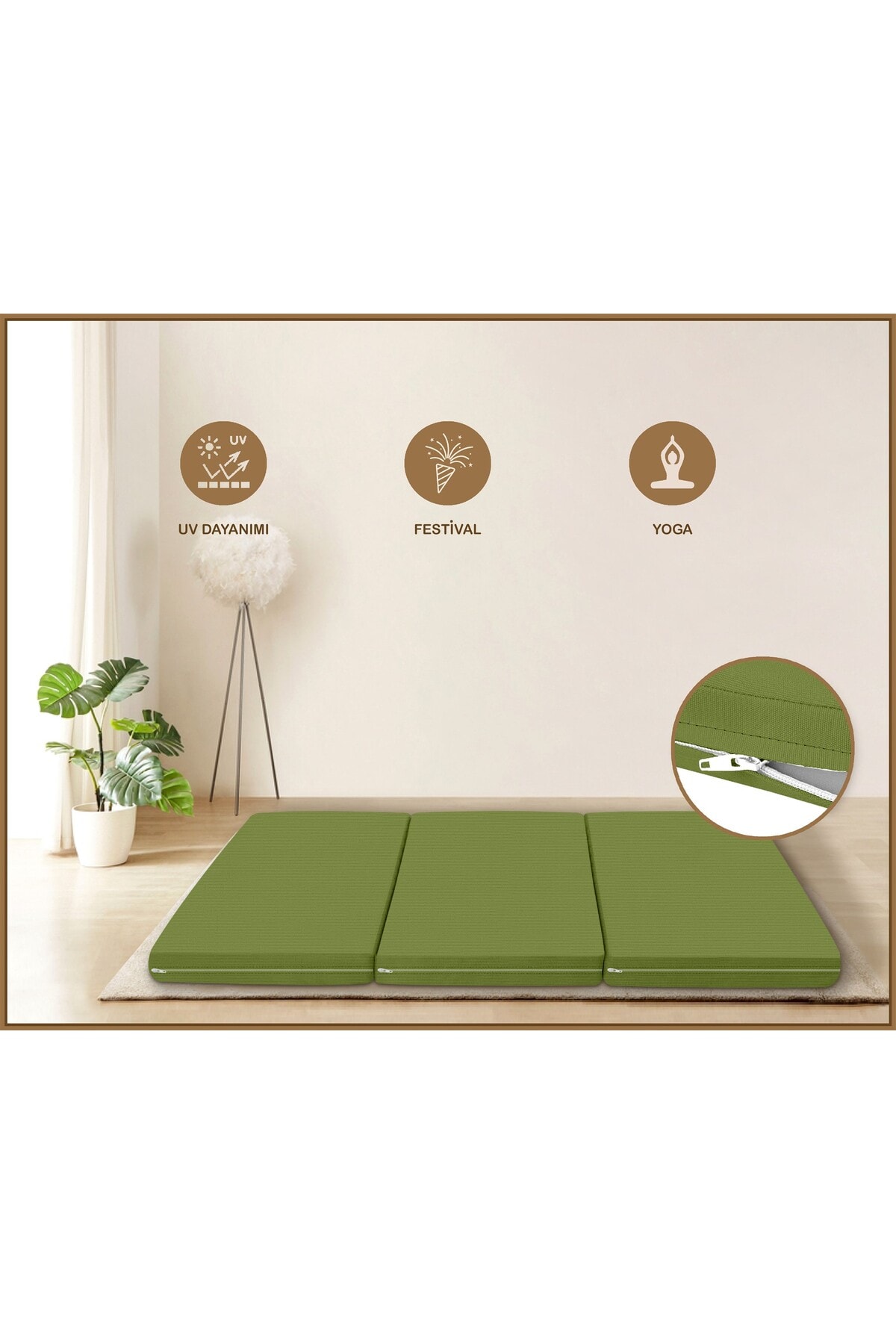 Canvas Açık Bej Fermuarlı Katlanabilir Yer Yatağı Yer Minderi 6cm