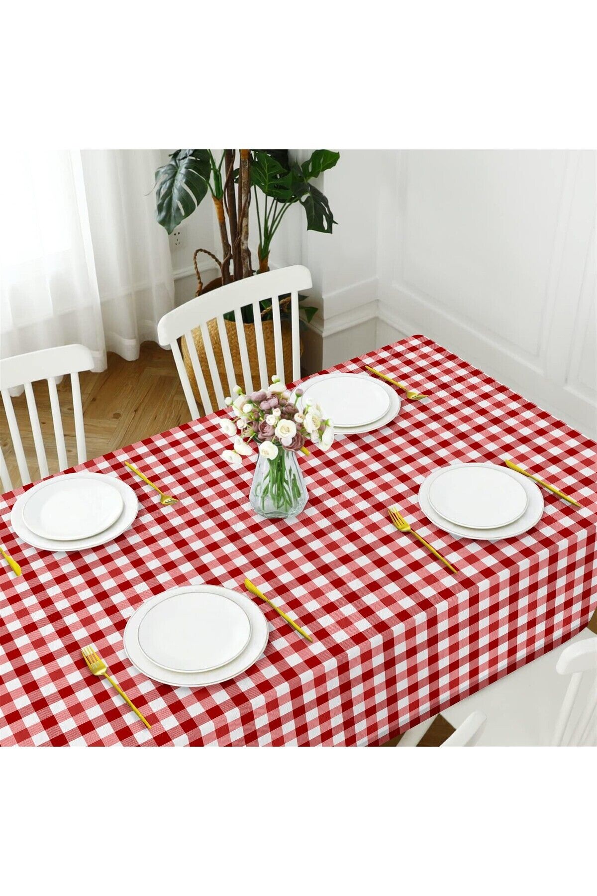 Canvas Kareli Sıvı Geçirmez Leke Tutmaz Masa Örtüsü Gül Kurusu