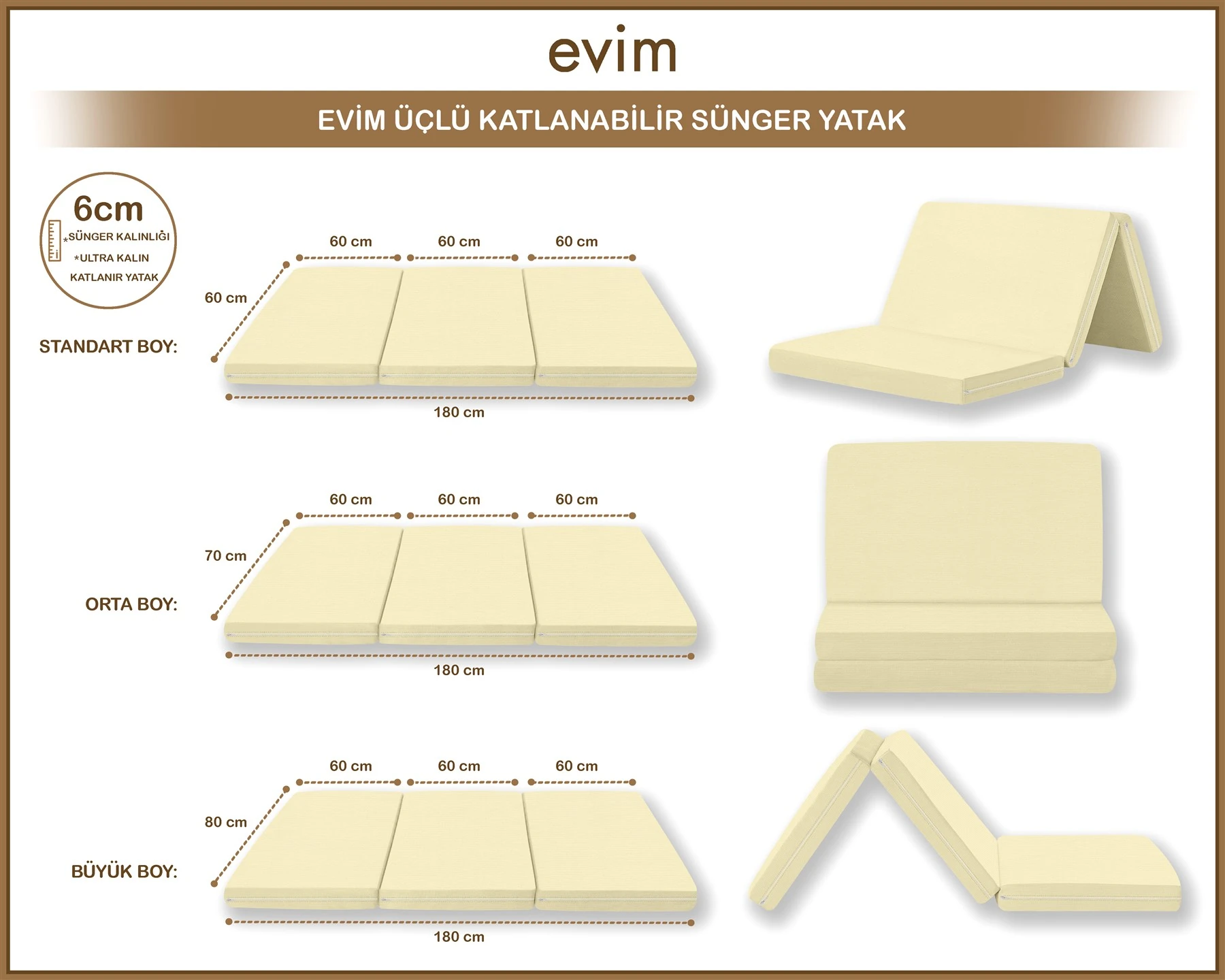 Canvas  Fermuarlı Katlanabilir Yer Yatağı Yer Minderi 60x180x6cm - Ekru