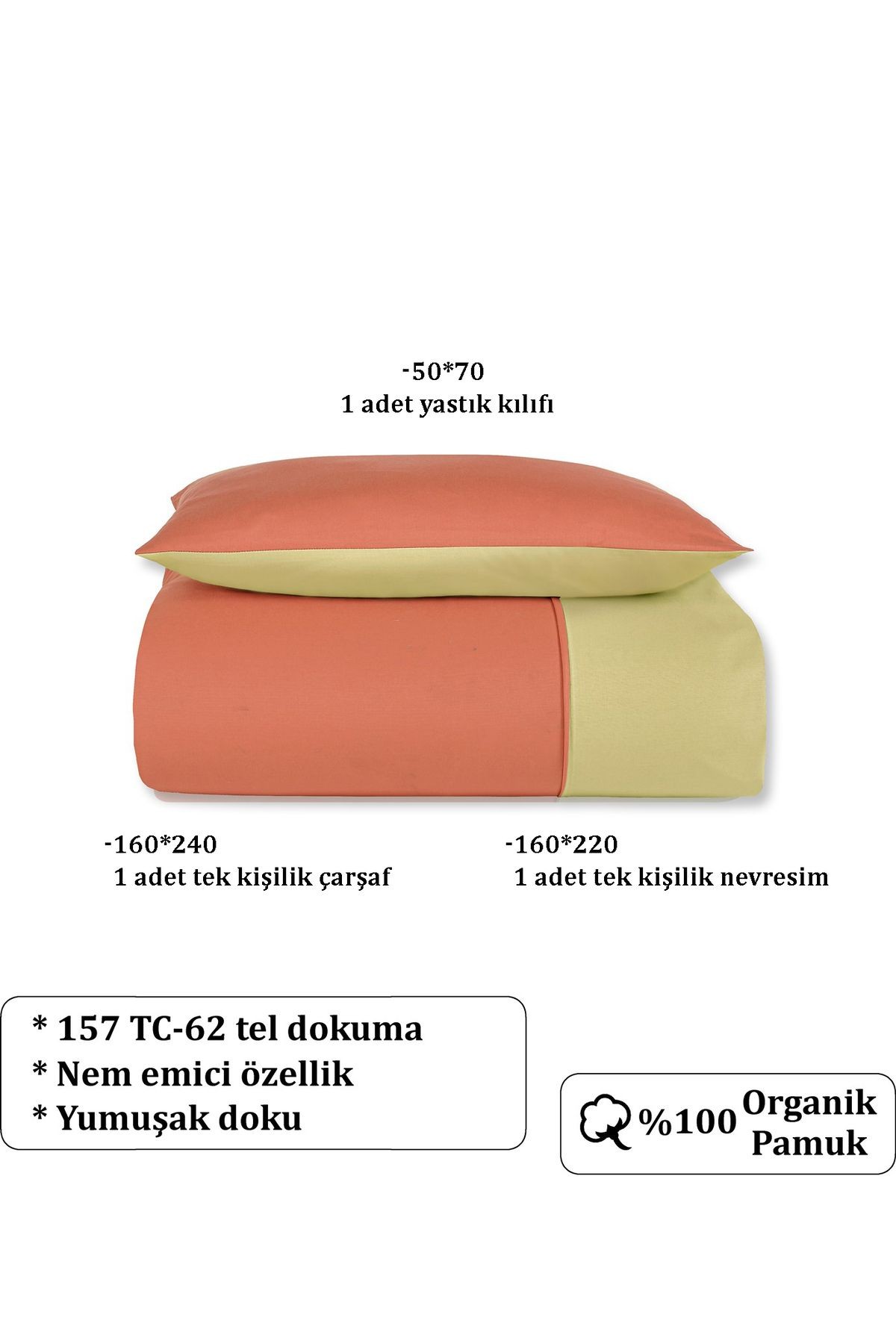 Organik Pamuk Akfil Çift Taraflı Nevresim Takımı Tek Kişilik 160x220 cm  - Ki̇remi̇t-Haki̇