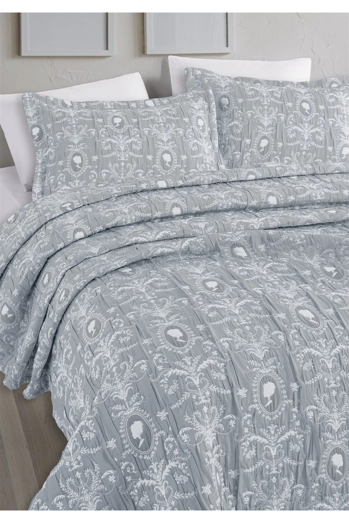 Dolgulu Jakarlı Yatak Örtüsü Seti Çift Kişilik Bej 230x240 cm - glory i̇ndi̇go