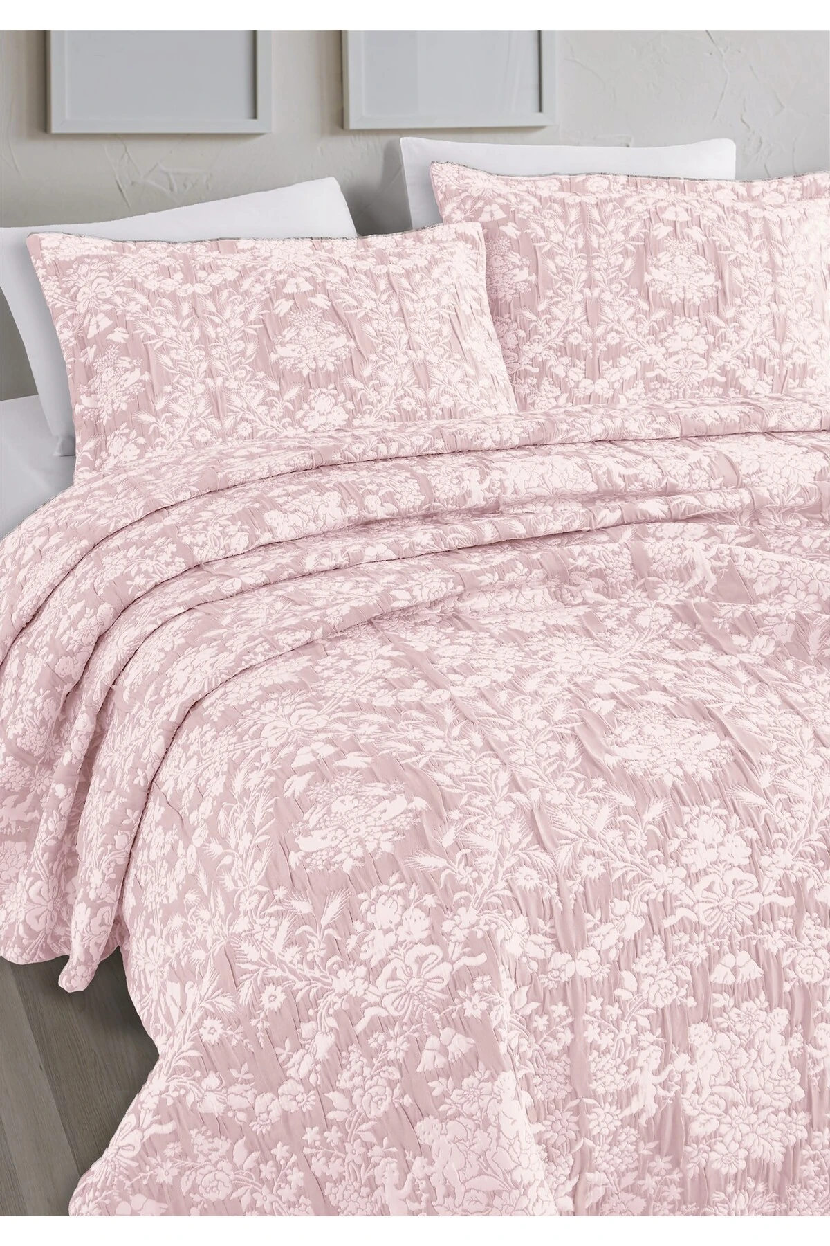 Dolgulu Jakarlı Yatak Örtüsü Seti Çift Kişilik Bej 230x240 cm - gala pudra