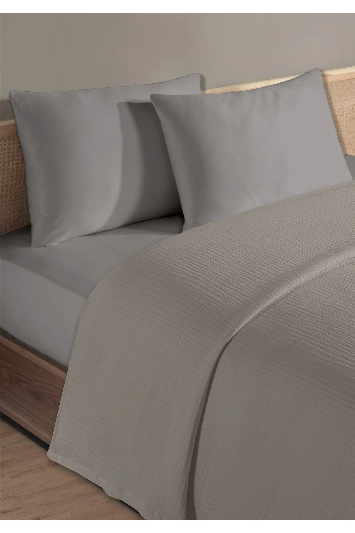 % 100 Doğal Pamuk 4 Kat Müslin Lüks Tek Kişilik Pike Takımı 160x230cm - Açik Gri̇