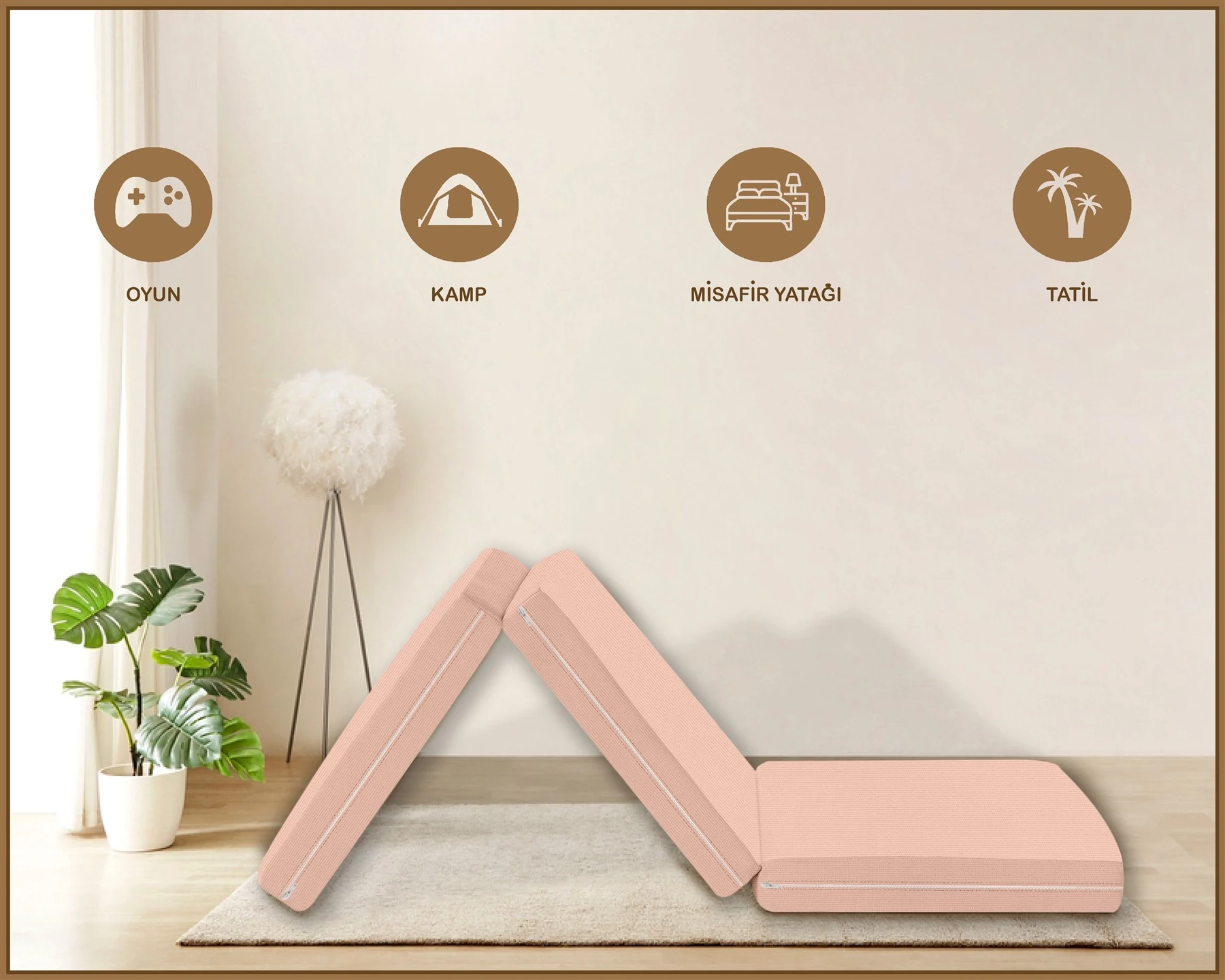 Canvas  Fermuarlı Katlanabilir Yer Yatağı Yer Minderi 60x180x6cm - Açik Pembe