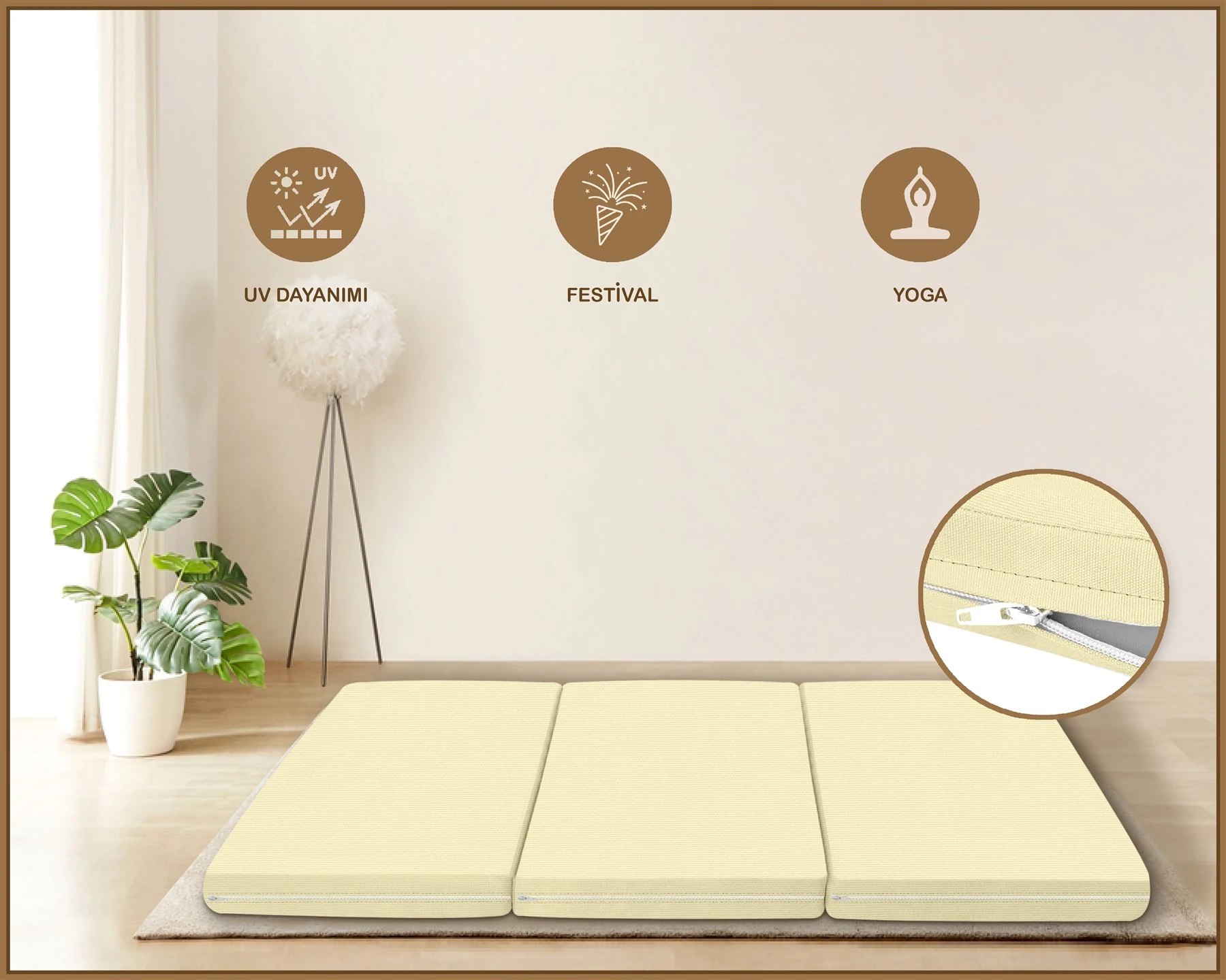 Canvas  Fermuarlı Katlanabilir Yer Yatağı Yer Minderi 60x180x6cm - Ekru