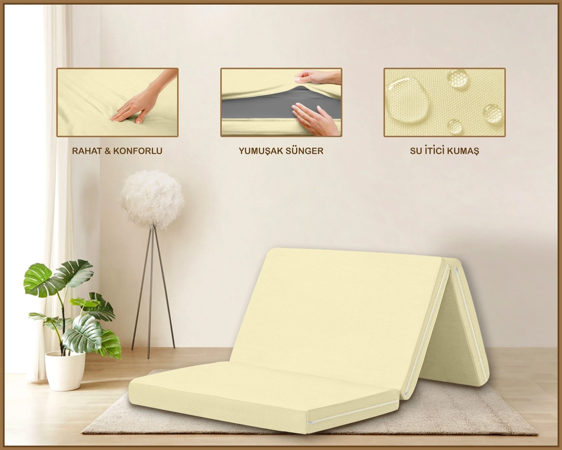 Canvas  Fermuarlı Katlanabilir Yer Yatağı Yer Minderi 60x180x6cm - Ekru