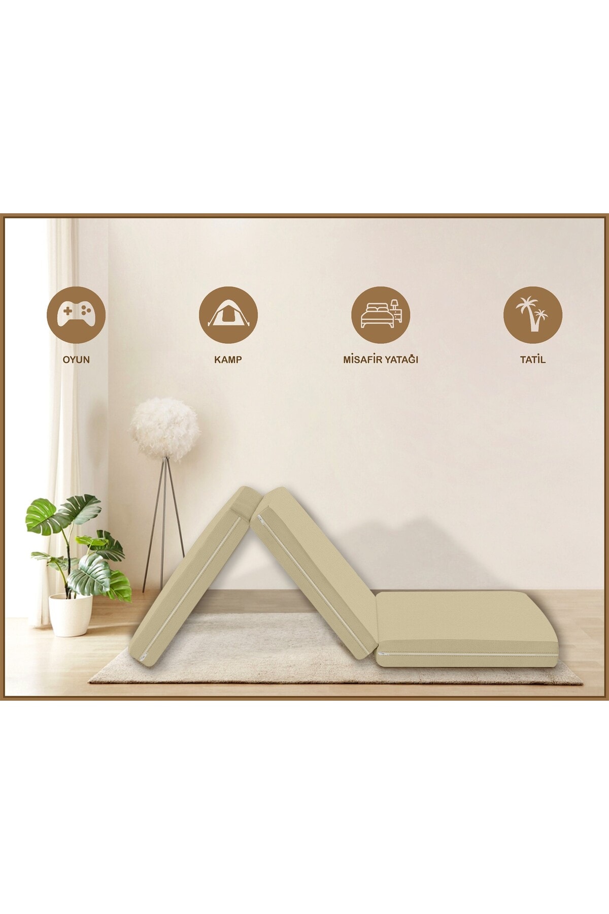 Canvas Açık Bej Fermuarlı Katlanabilir Yer Yatağı Yer Minderi 8cm