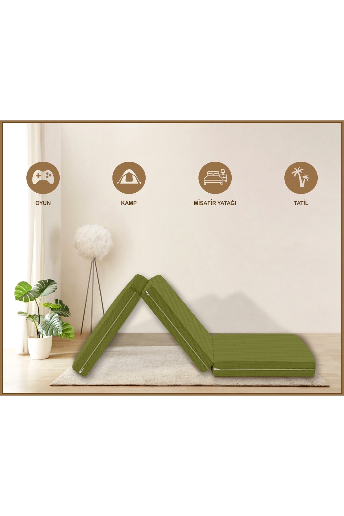 Canvas Açık Bej Fermuarlı Katlanabilir Yer Yatağı Yer Minderi 6cm