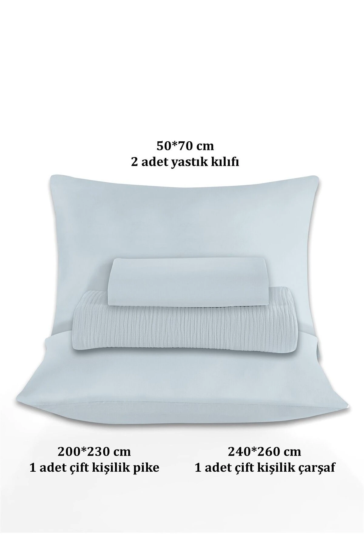 % 100 Doğal Pamuk 4 Kat Müslin Lüks Çift Kişilik Pike Takımı  200x230cm - Bebe mavi̇