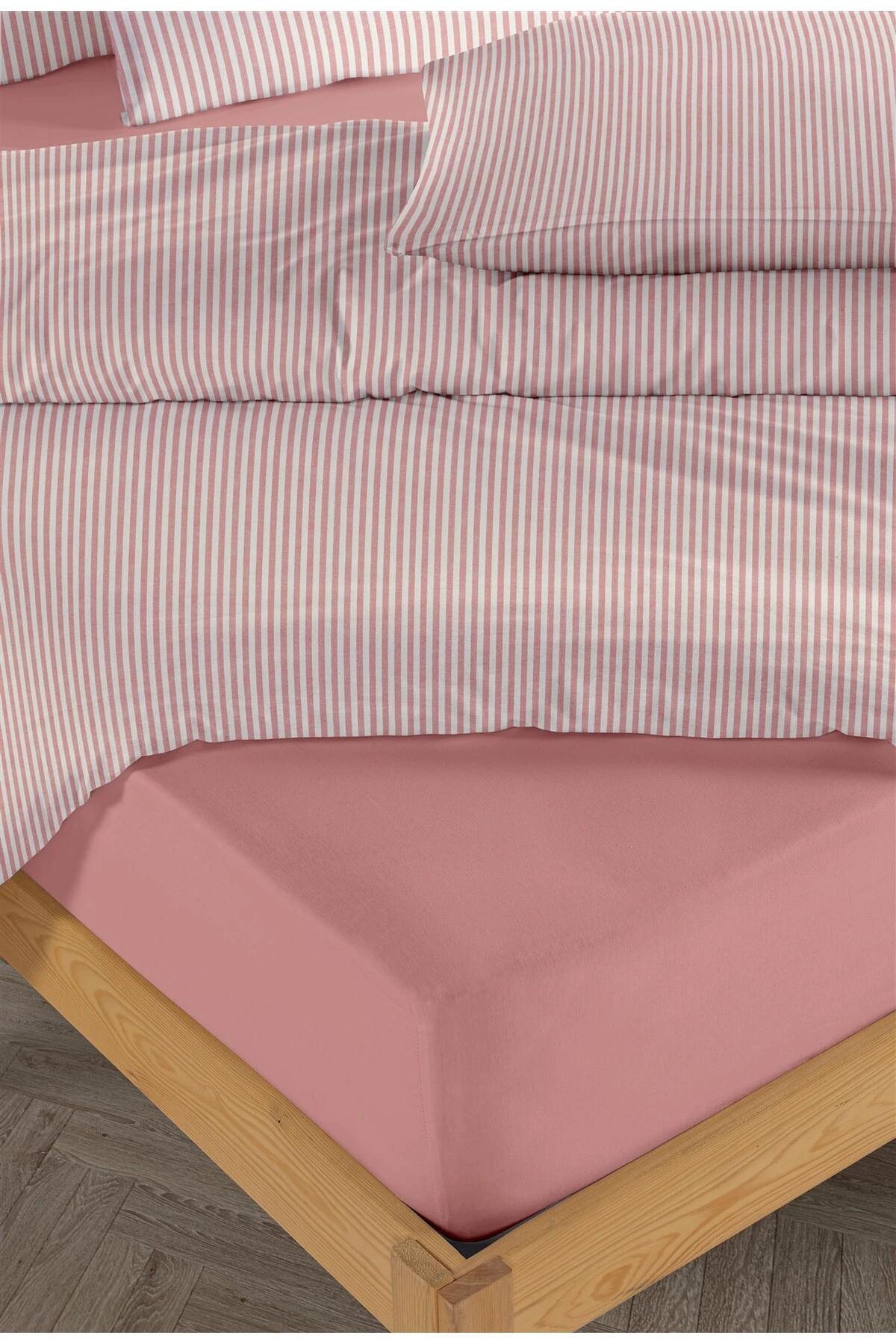 Striped %100 Pamuk Ranforce Yezra Ipliği Boyalı Nevresim Takımı Tek Kişilik - 160x220 cm - kirmizi