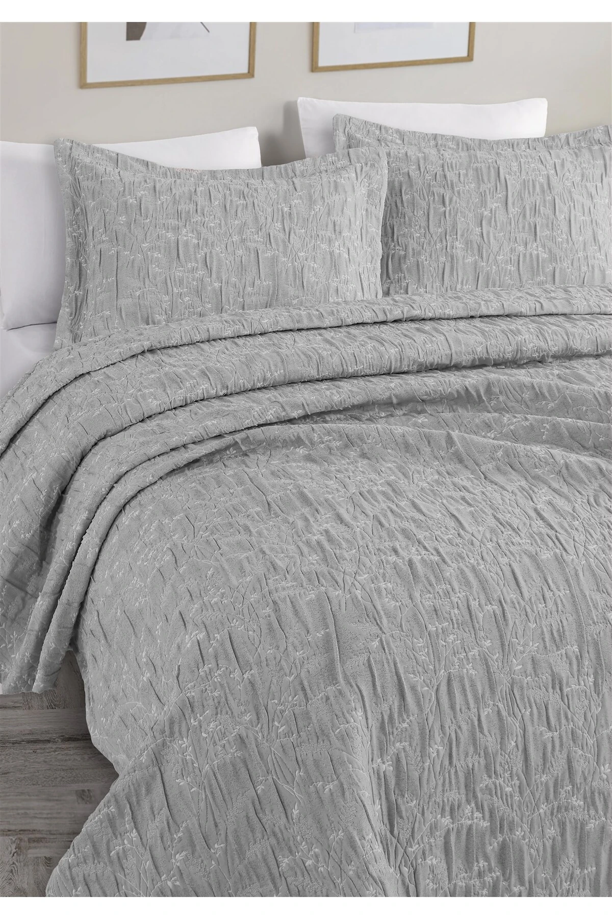 Dolgulu Jakarlı Yatak Örtüsü Seti Çift Kişilik Bej 230x240 cm - athel gri̇