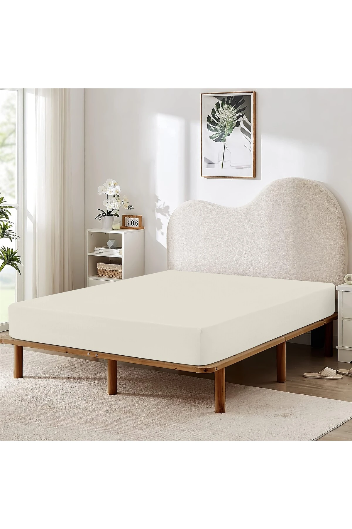 %100 Pamuk Penye Lastikli Çarşaf - Krem