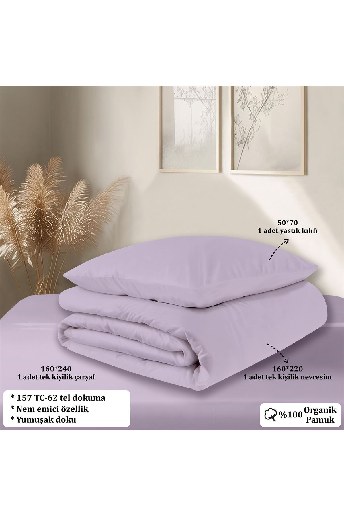 Organik Pamuk Akfil Nevresim Takımı  Tek Kişilik 160x220 cm - Li̇la