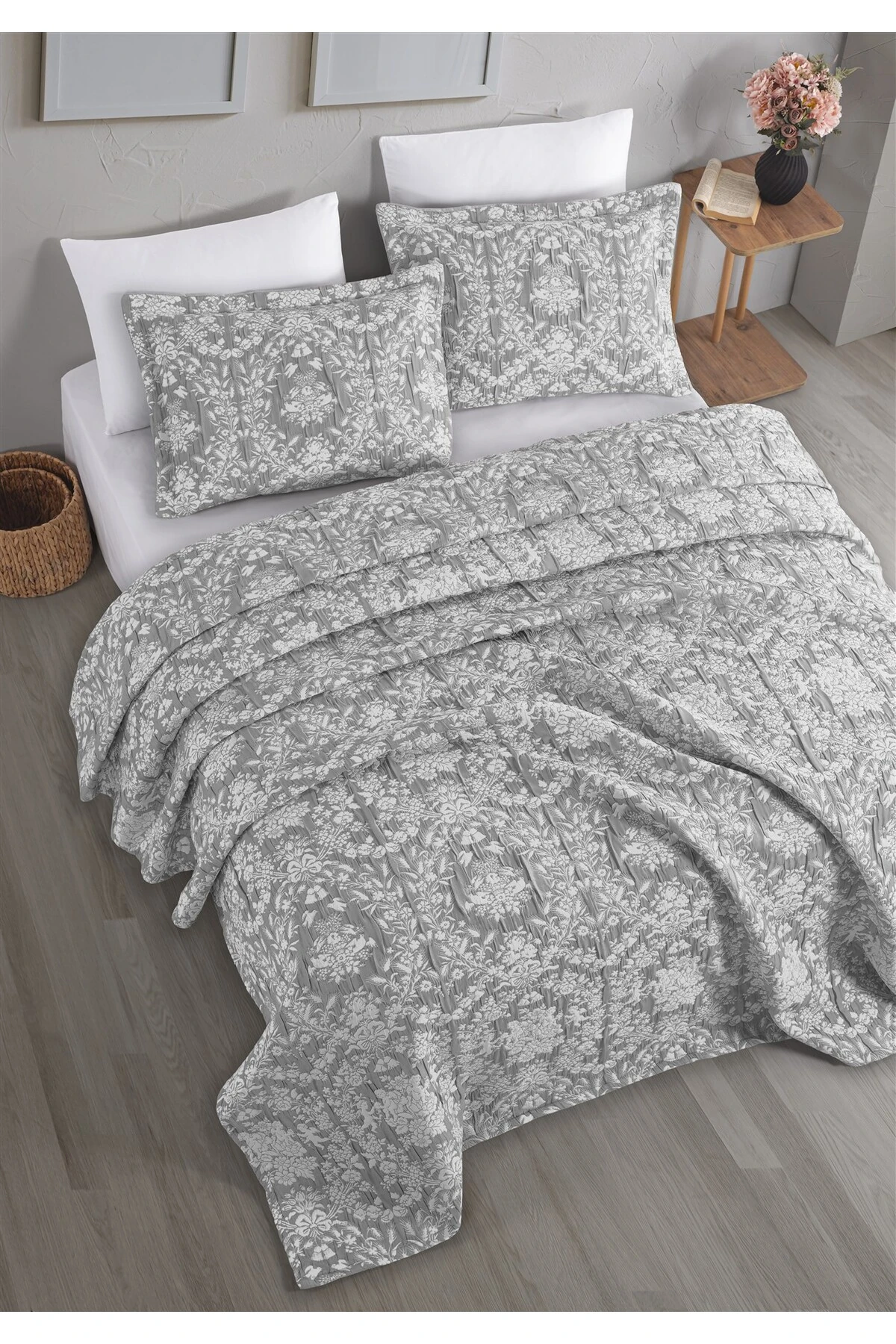 Dolgulu Jakarlı Yatak Örtüsü Seti Çift Kişilik Bej 230x240 cm - gala gri̇