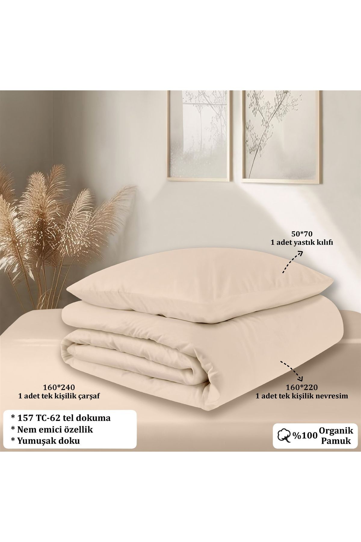 Organik Pamuk Akfil Nevresim Takımı  Tek Kişilik 160x220 cm - Pudra