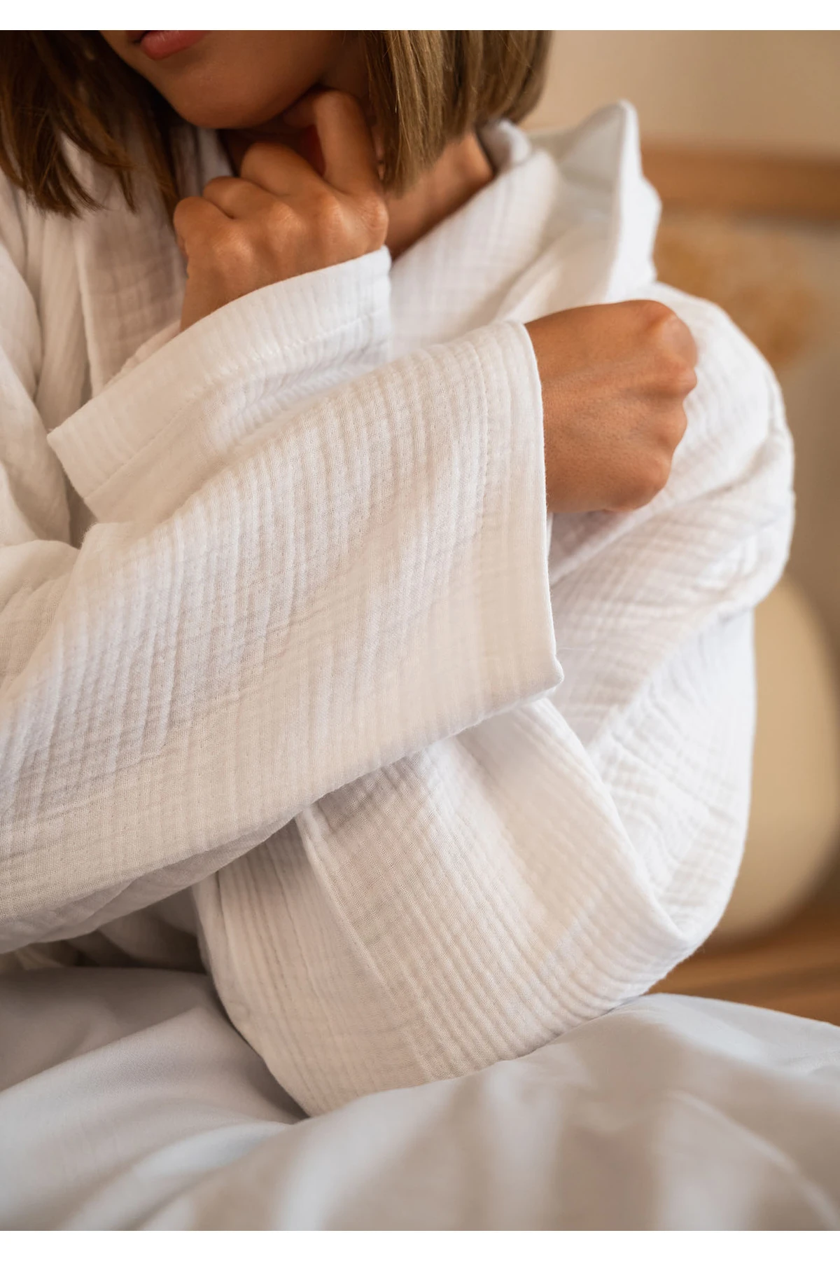 % 100 Pamuk 4 Kat Müslin Ünisex Kapşonlu Bornoz S/M - Beyaz