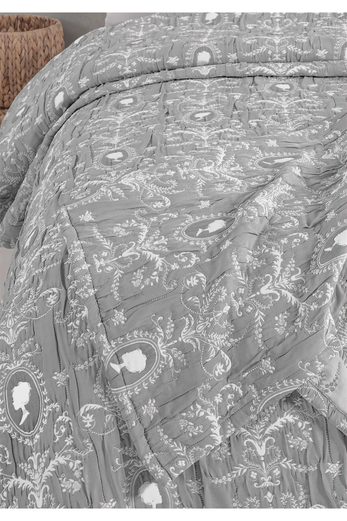 Dolgulu Jakarlı Yatak Örtüsü Seti Çift Kişilik Bej 230x240 cm - glory gri̇